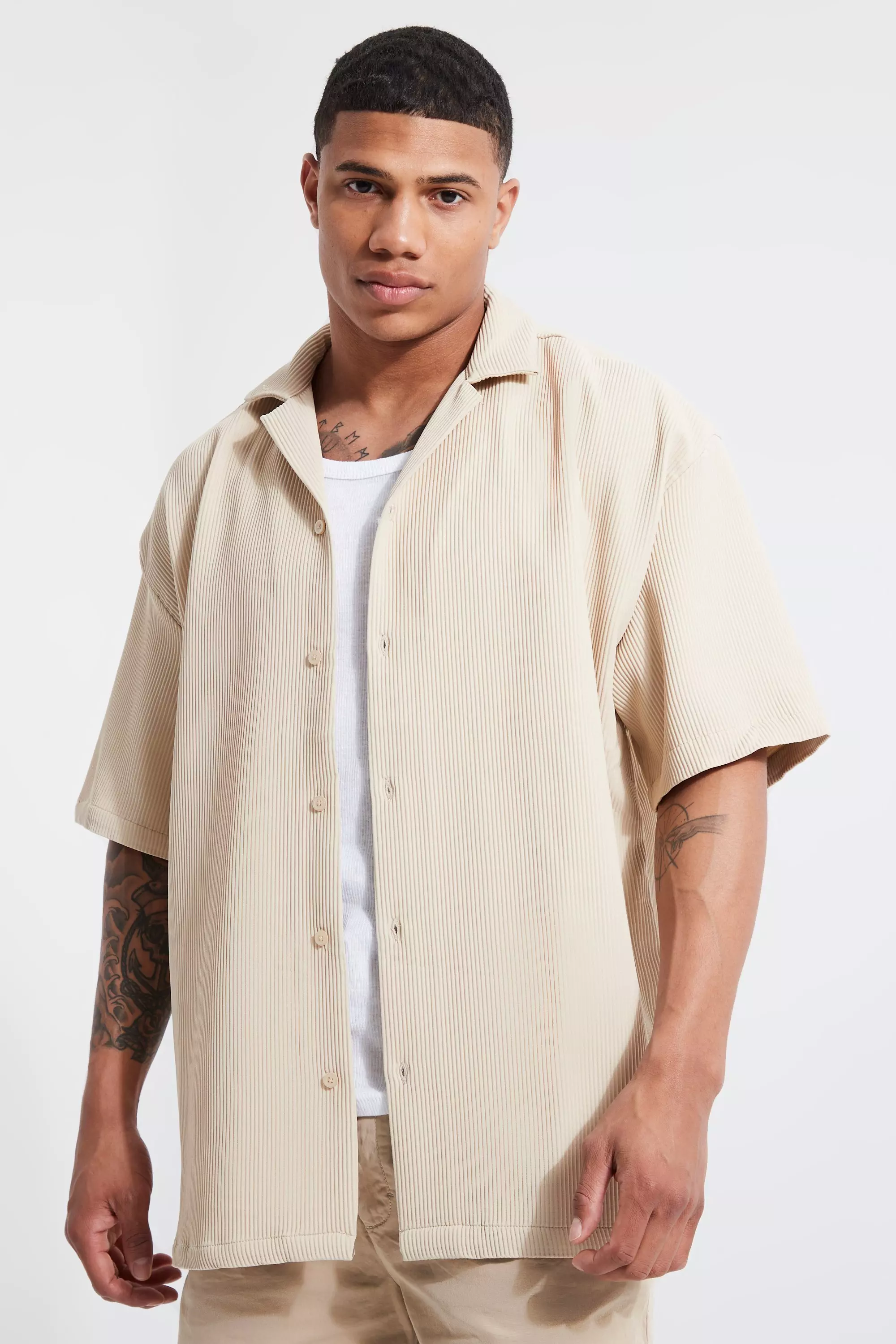 Pleated Short Sleeve Oversized Boxy Shirt Taupe