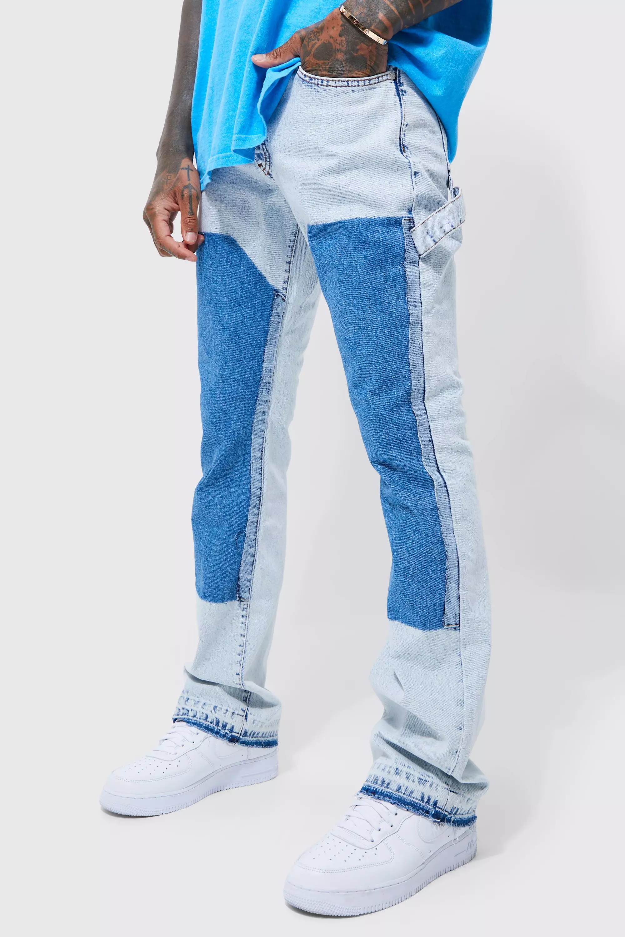 Slim Rigid Flare Panel Distressed Jeans Light blue