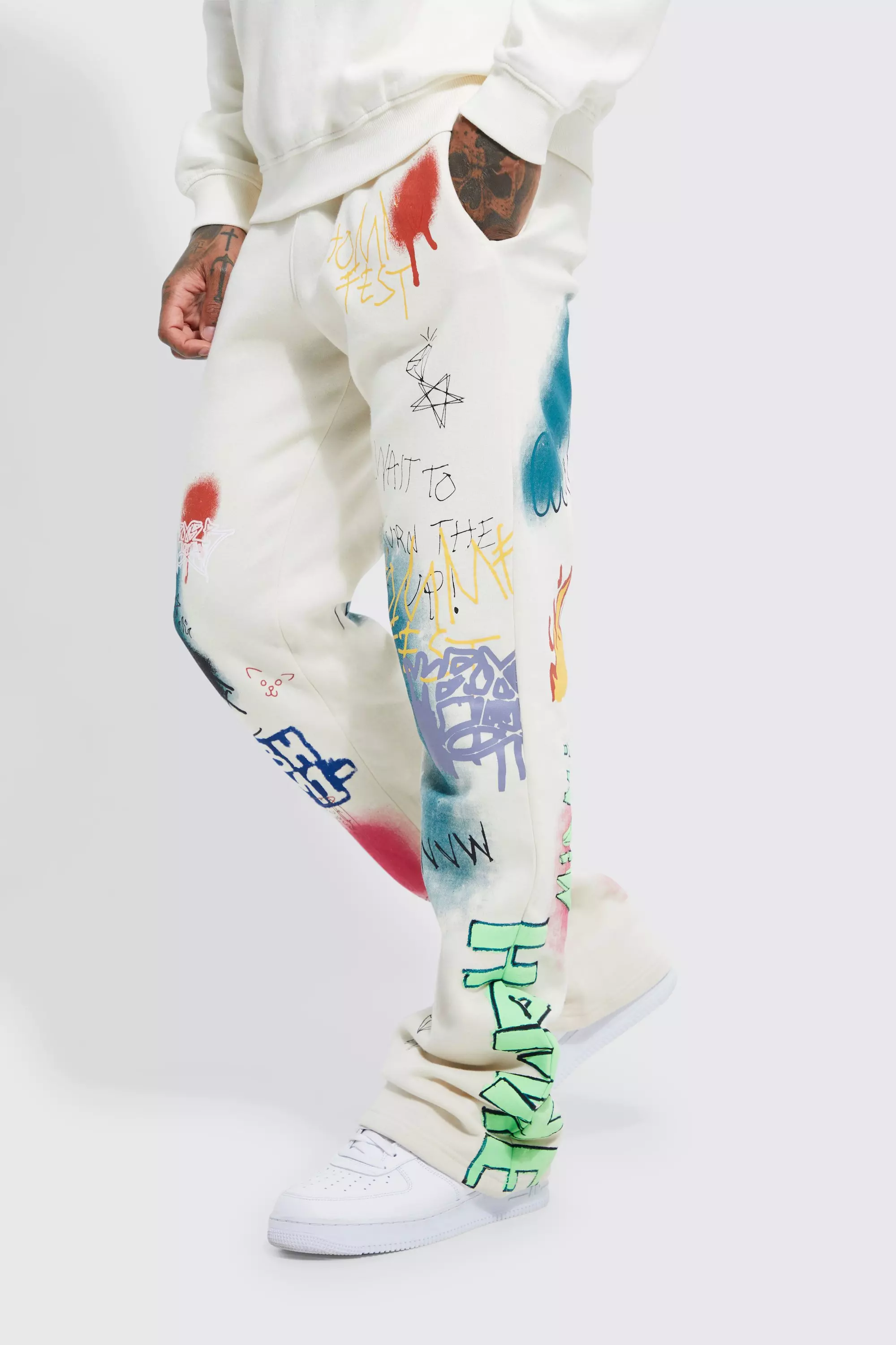 Slim Stacked Flare All Over Graffiti Jogger boohooMAN UK