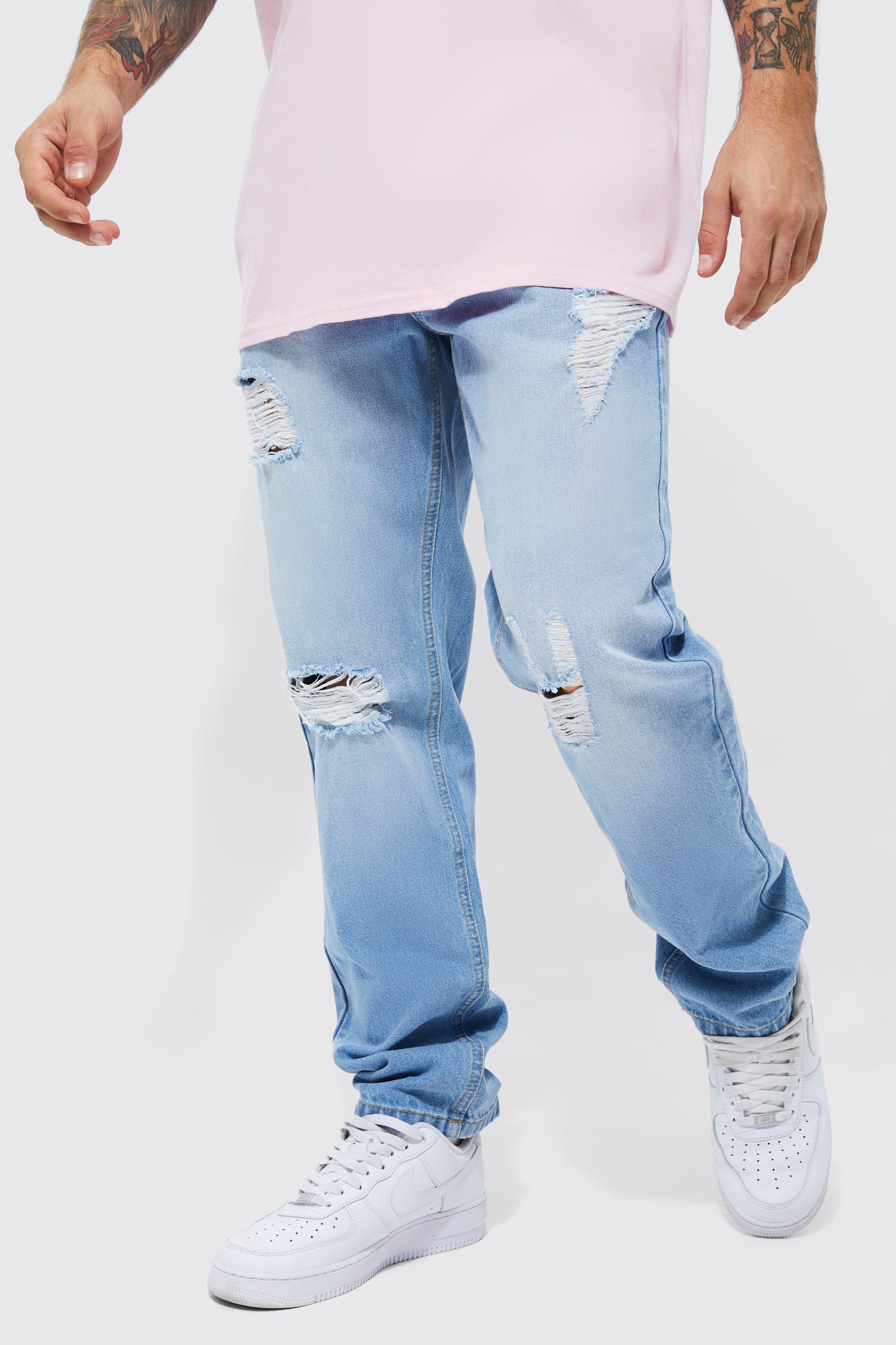 Light Blue Distressed Slit Leg Raw Edge Straight Leg Ripped Jeans –  KesleyBoutique