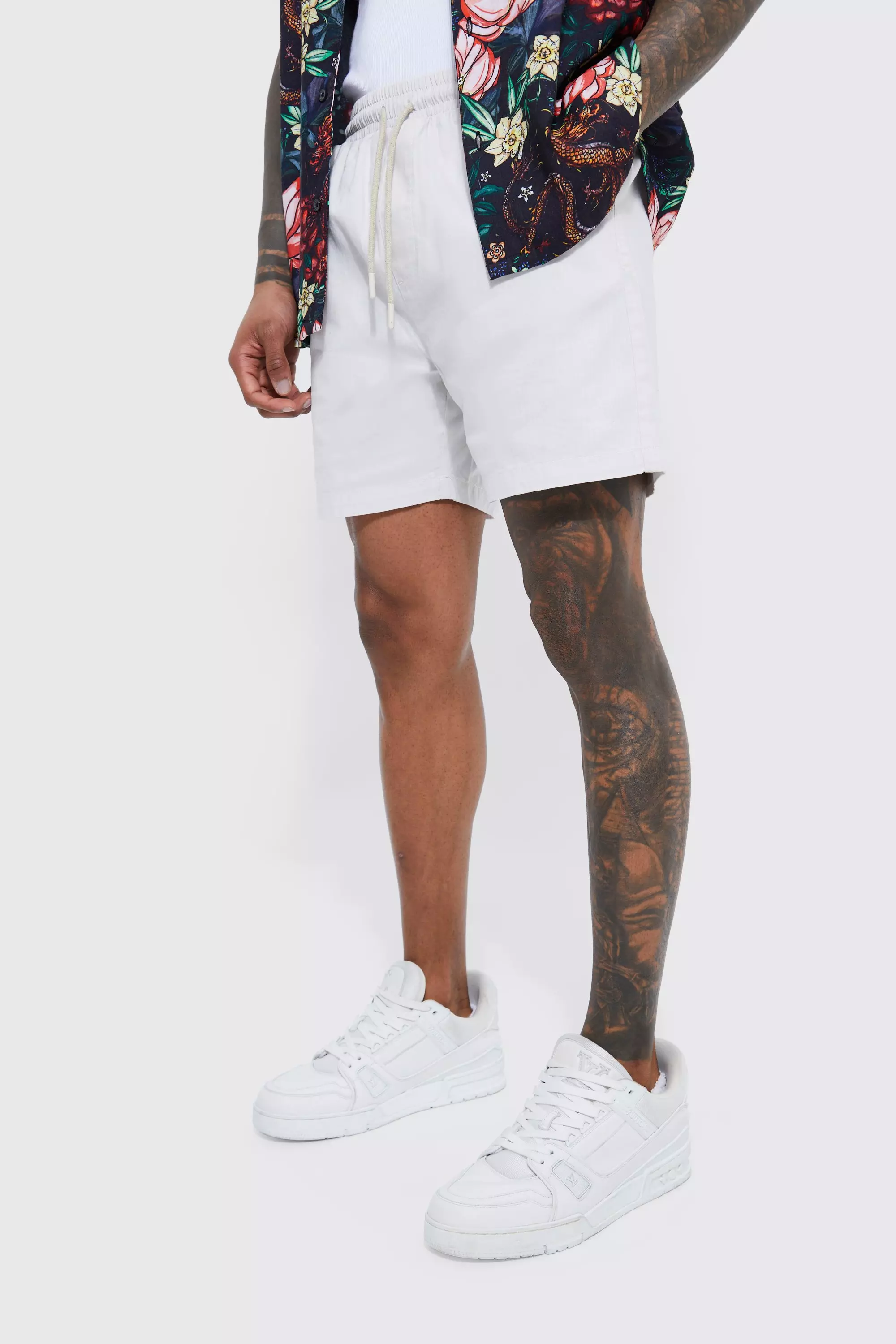 Elastic Waist Comfort Mid Length Linen Short grey