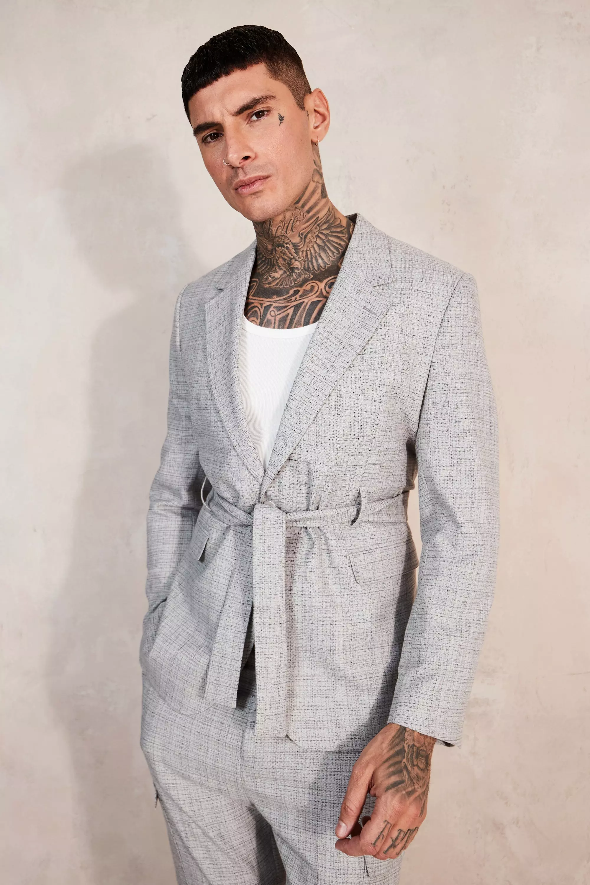 Relaxed Tie Front Cargo Pocket Suit Jacket Grey
