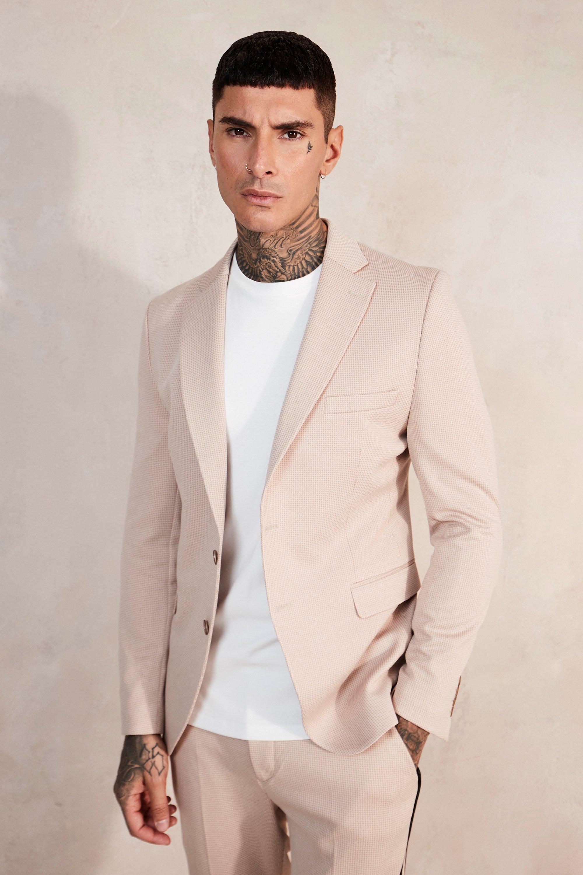 Light pink Skinny Single Breasted Dogtooth Suit Jacket