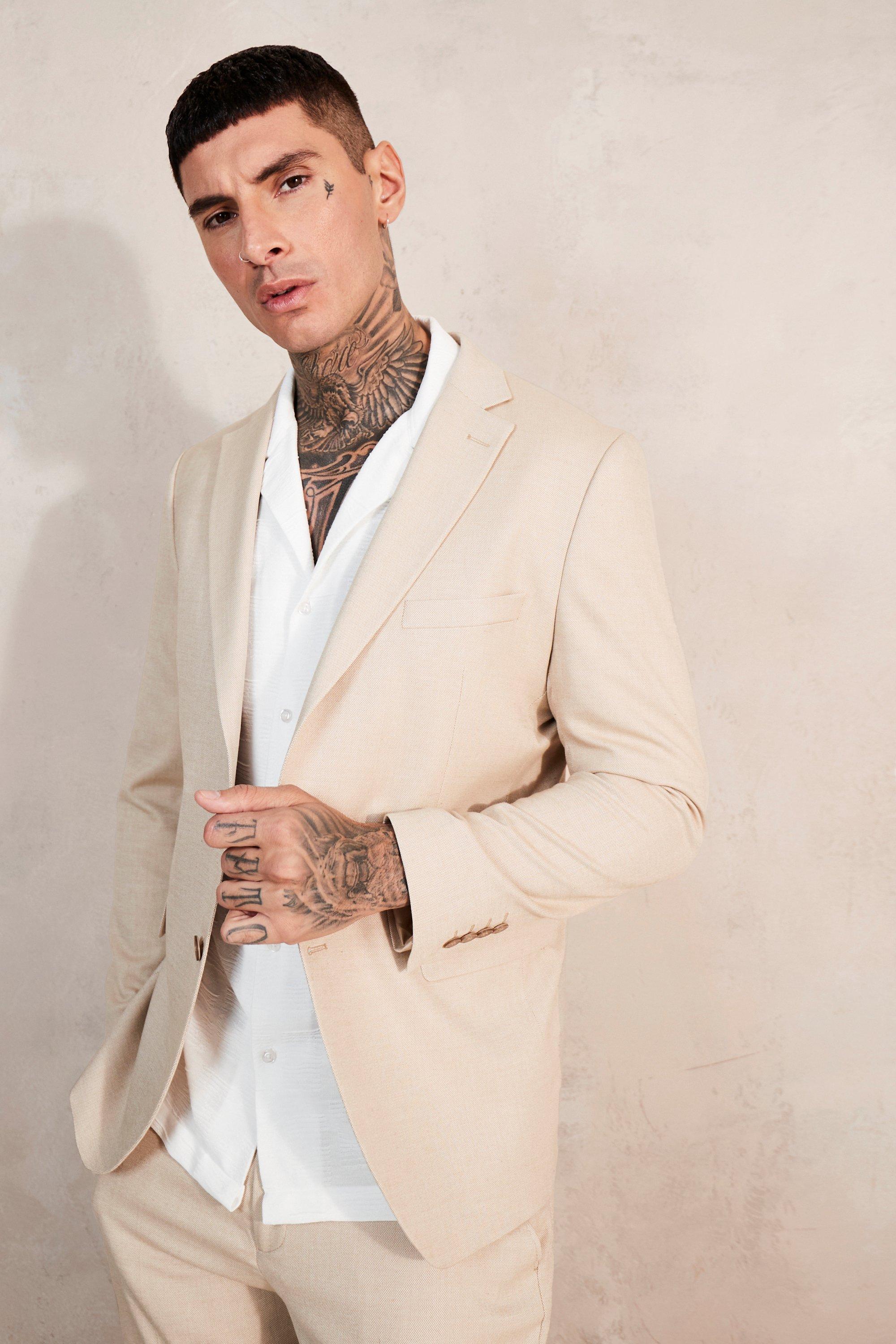 Einreihige Slim-Fit Pique Anzugjacke, Beige