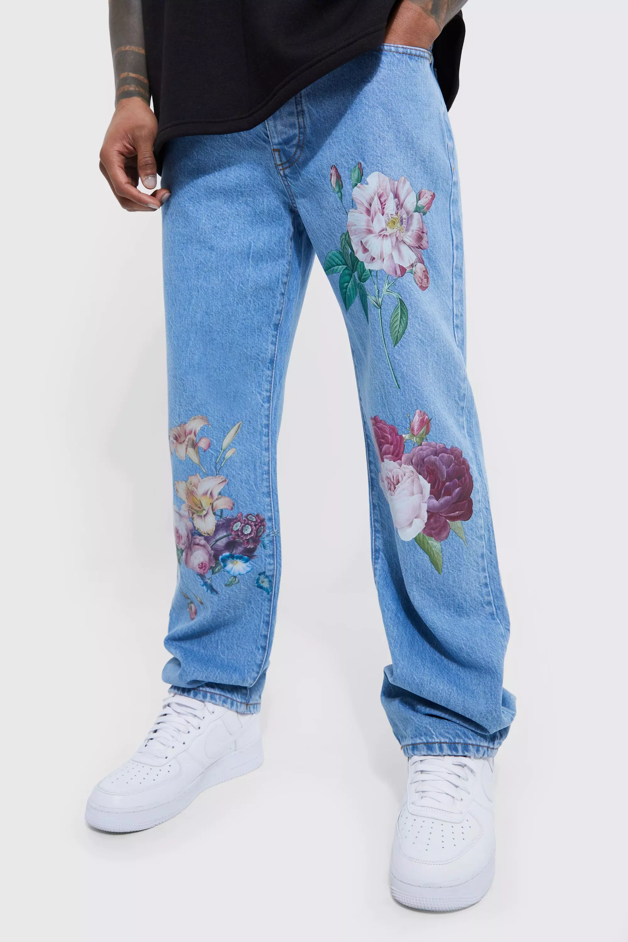 Relaxed Fit Floral Print Jeans Light blue