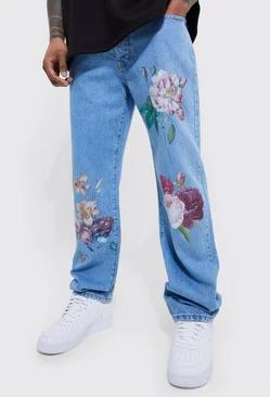 Blue Relaxed Fit Floral Print Jeans