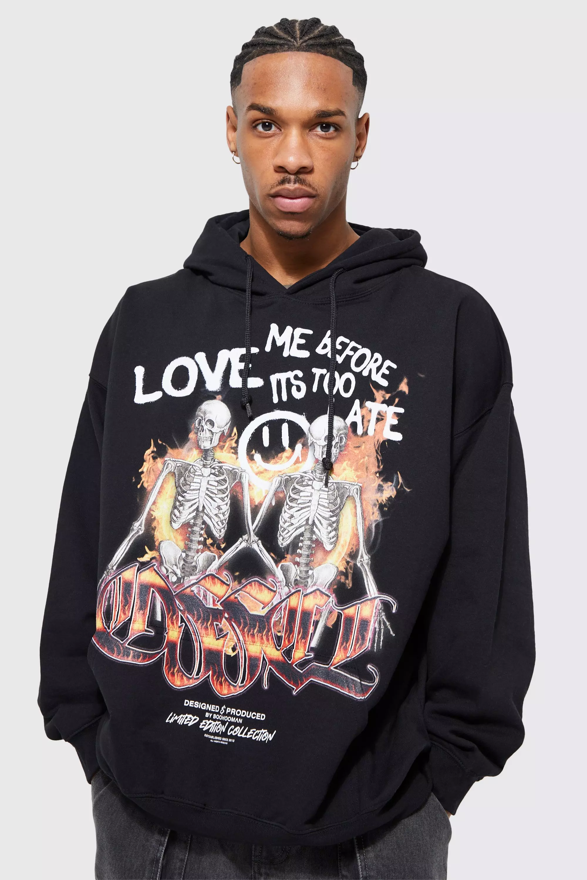 Oversized Skeleton Flame Graphic Hoodie Black