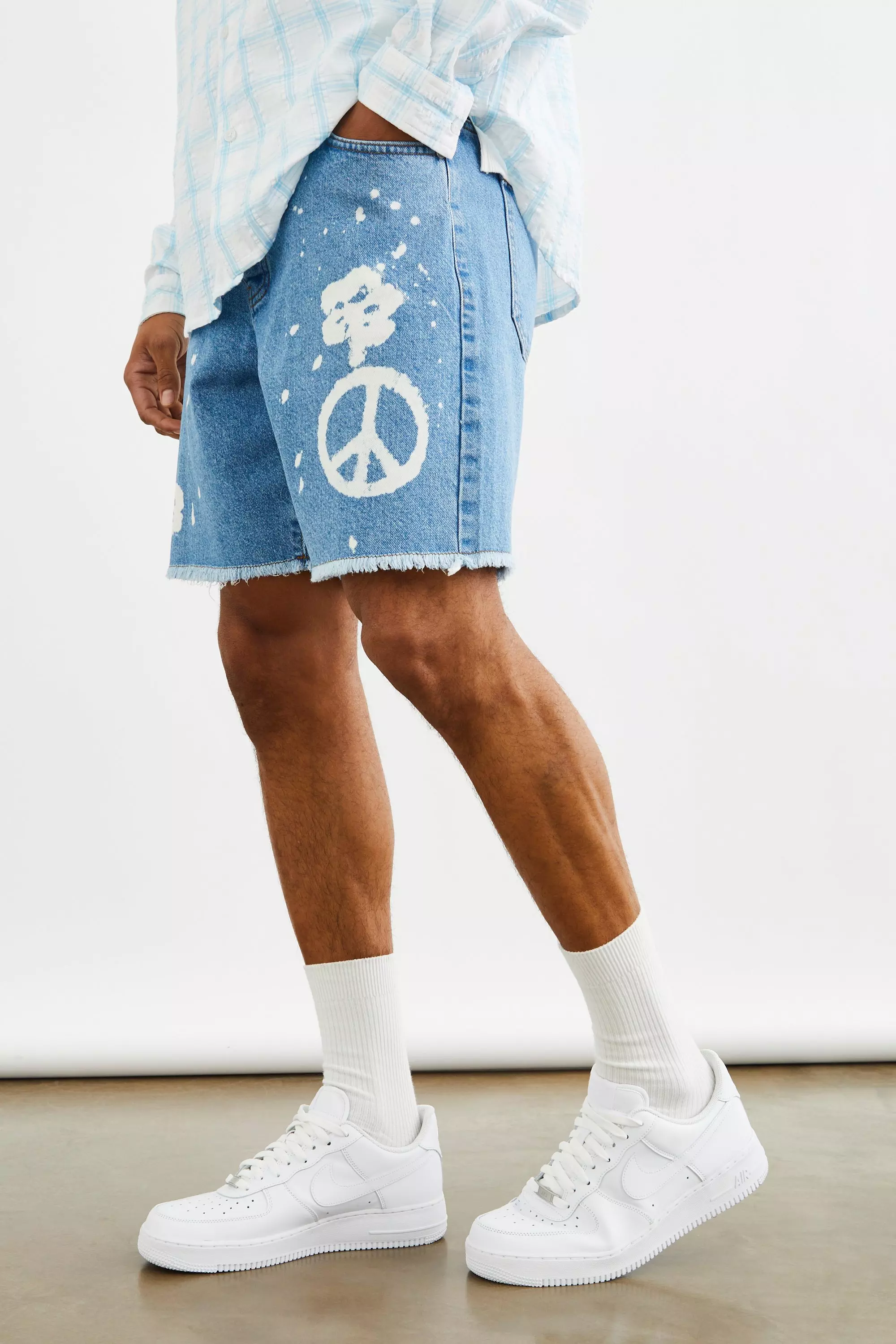 Blue Relaxed Fit Peace Laser Print Jean Shorts