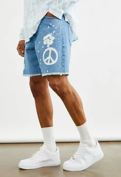 Relaxed Fit Peace Laser Print Jean Shorts Light blue