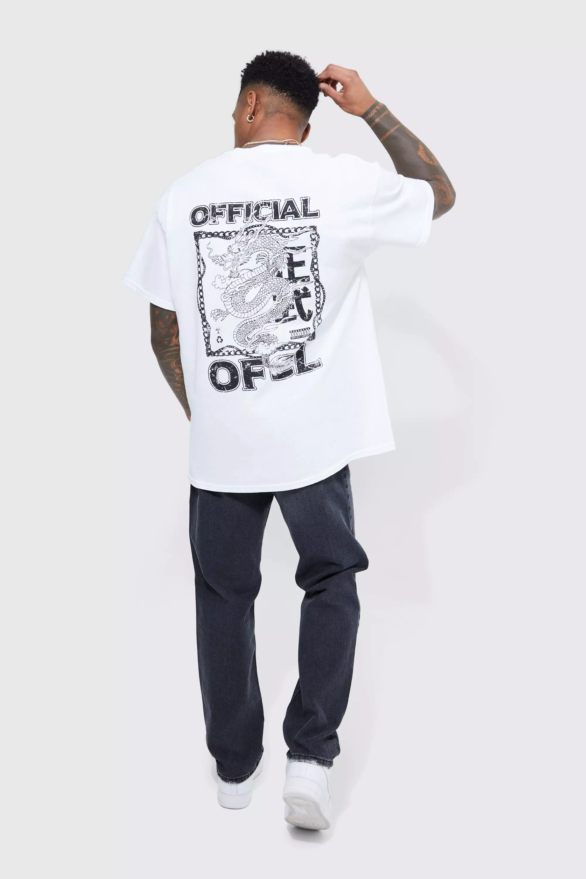boohoo MAN★オーバーサイズ パーム柄 Tシャツ タンクトップ★白 Oversized Dragon Graphic T-shirt | boohooMAN USA