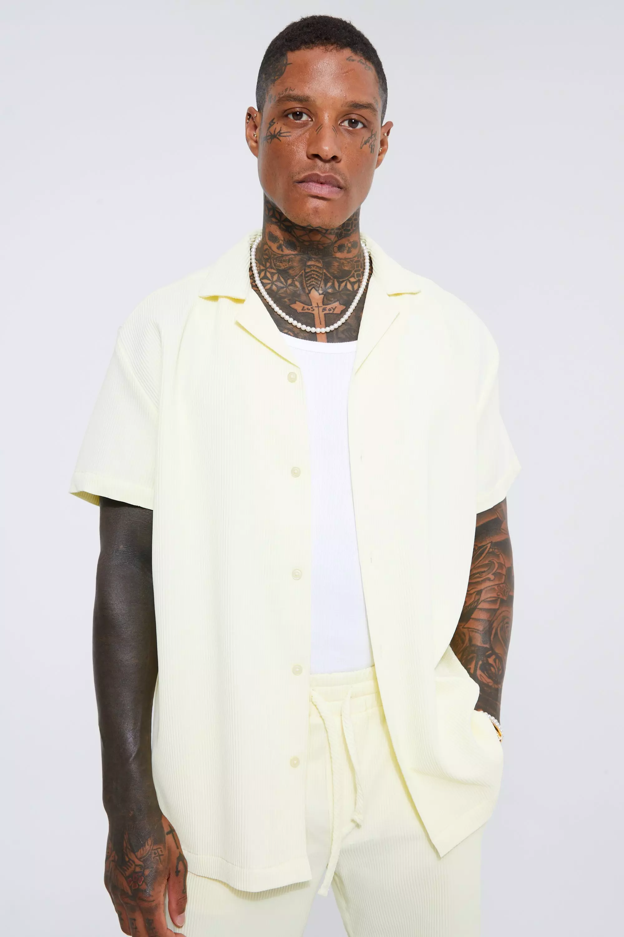 Yellow Pleated Short Sleeve Oversized Shirt