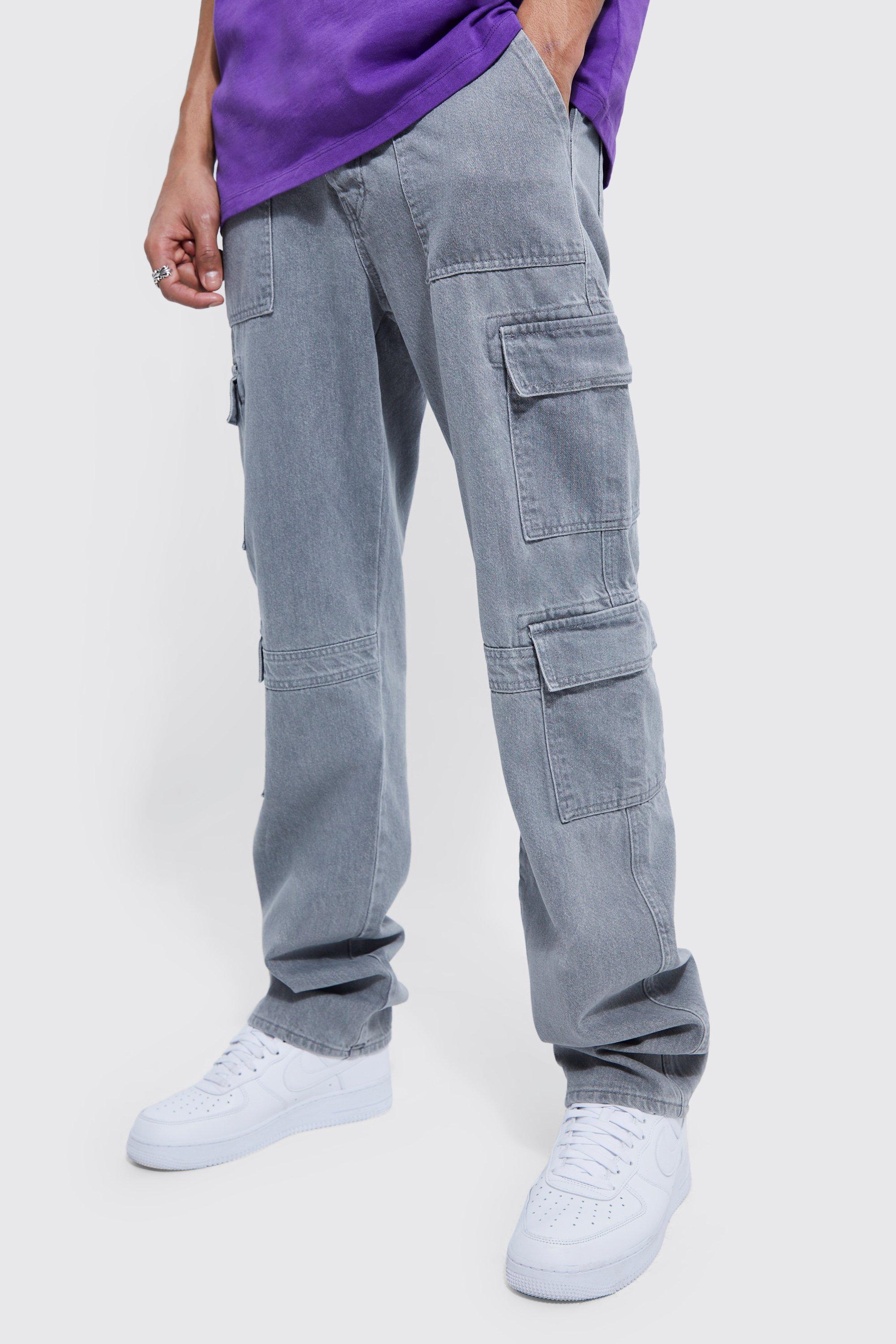 Relaxed Fit Washed Multi Pocket Cargo Jeans