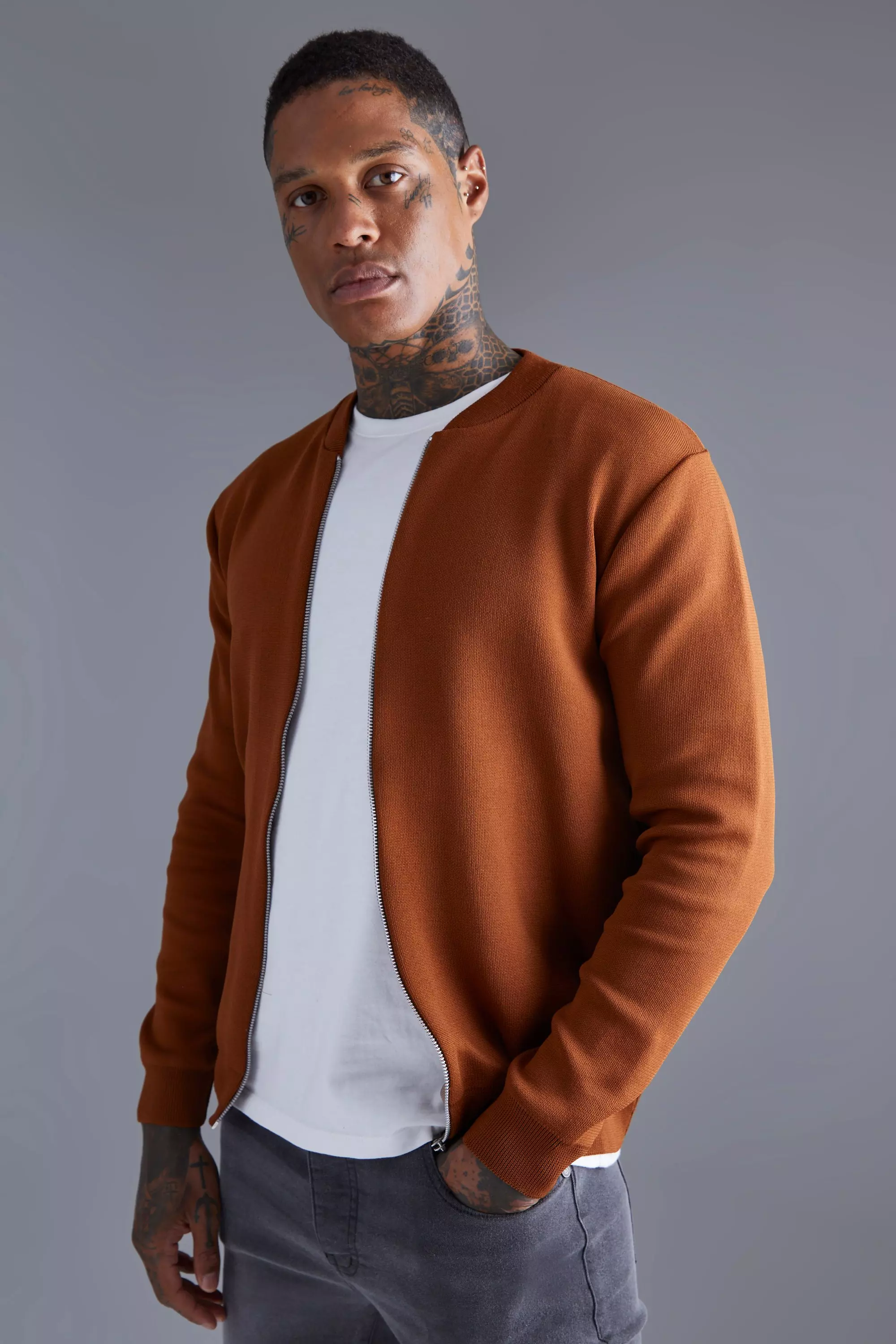 Smart Knitted Bomber | boohooMAN USA