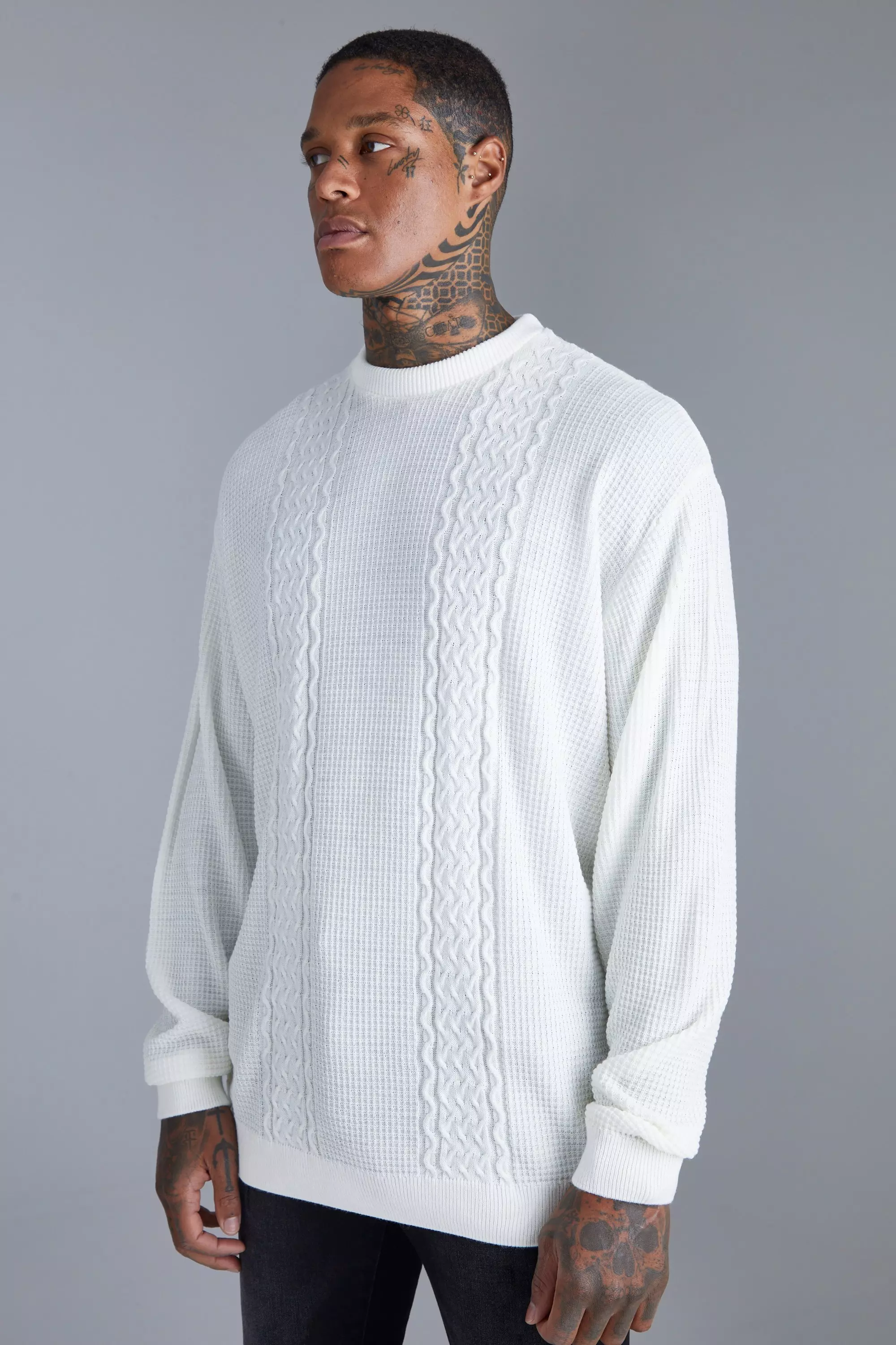 Oversized Crew Neck Cable Jumper boohooMAN UK