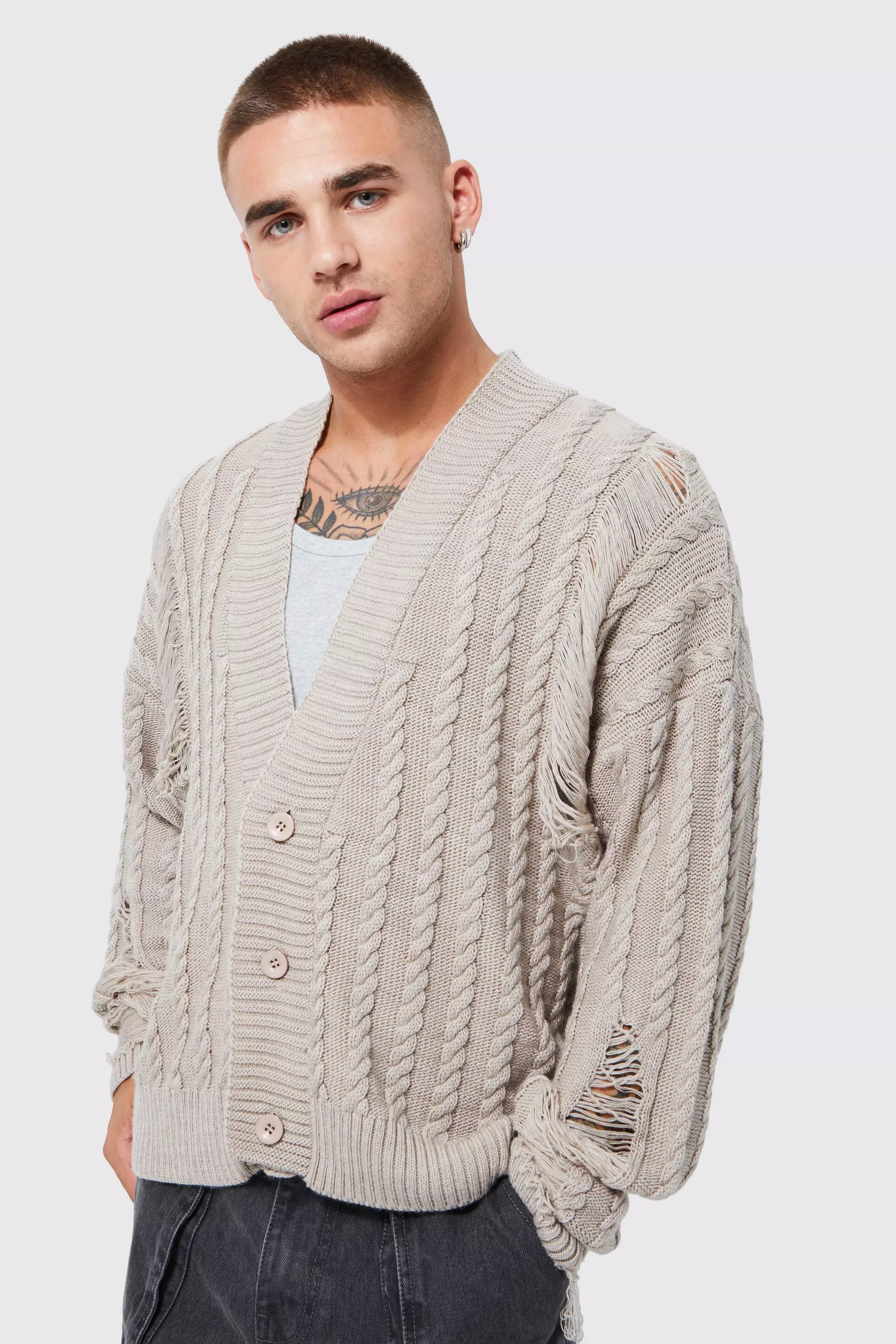 Boxy Laddered Open Stitch Cardigan boohooMAN USA