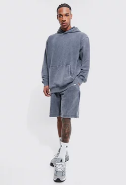 Charcoal Grey Oversized Man Hooded Short Tracksuit