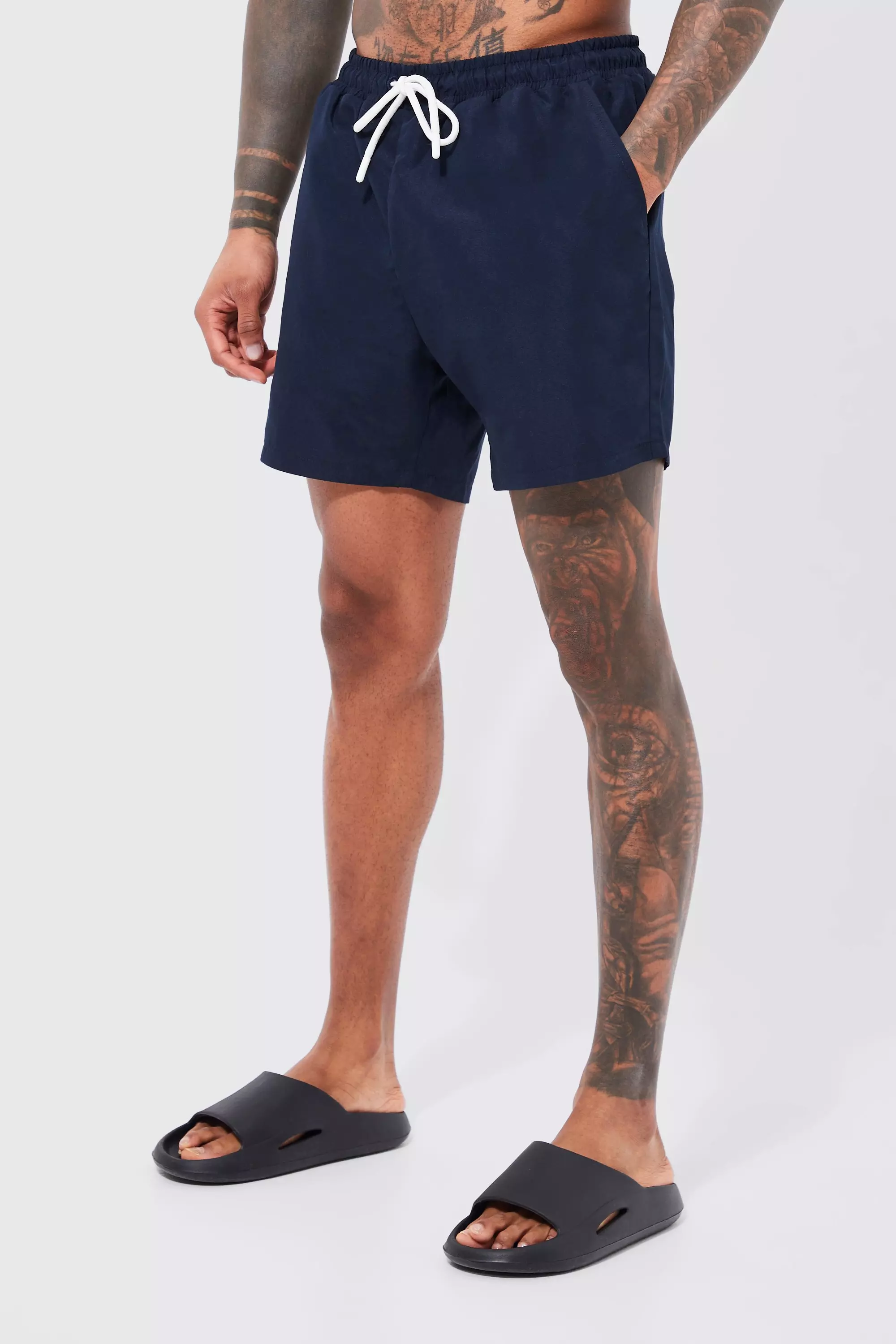 Mid Length Plain Swim Trunks Navy