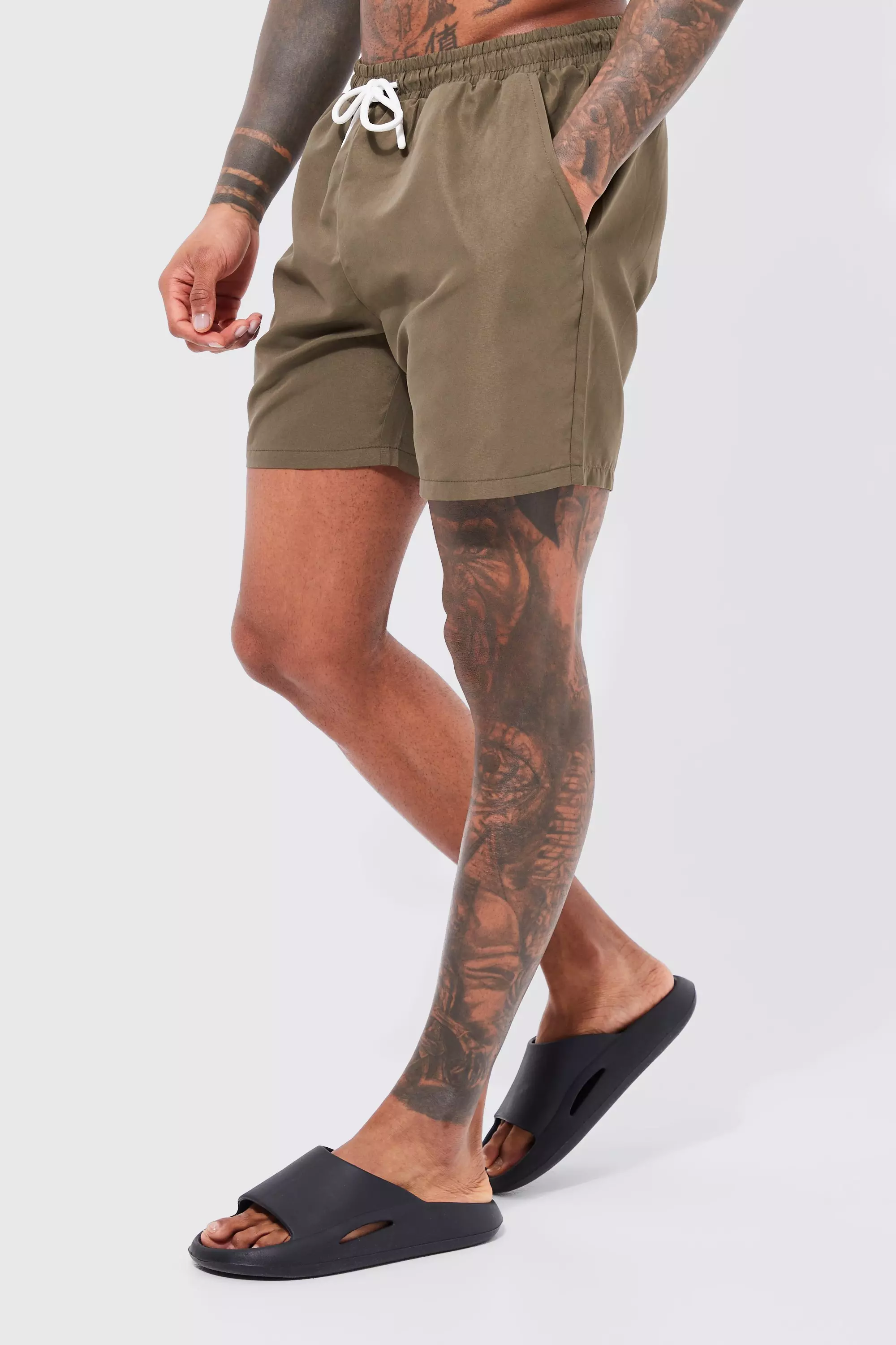 Mid Length Plain Swim Trunks Khaki