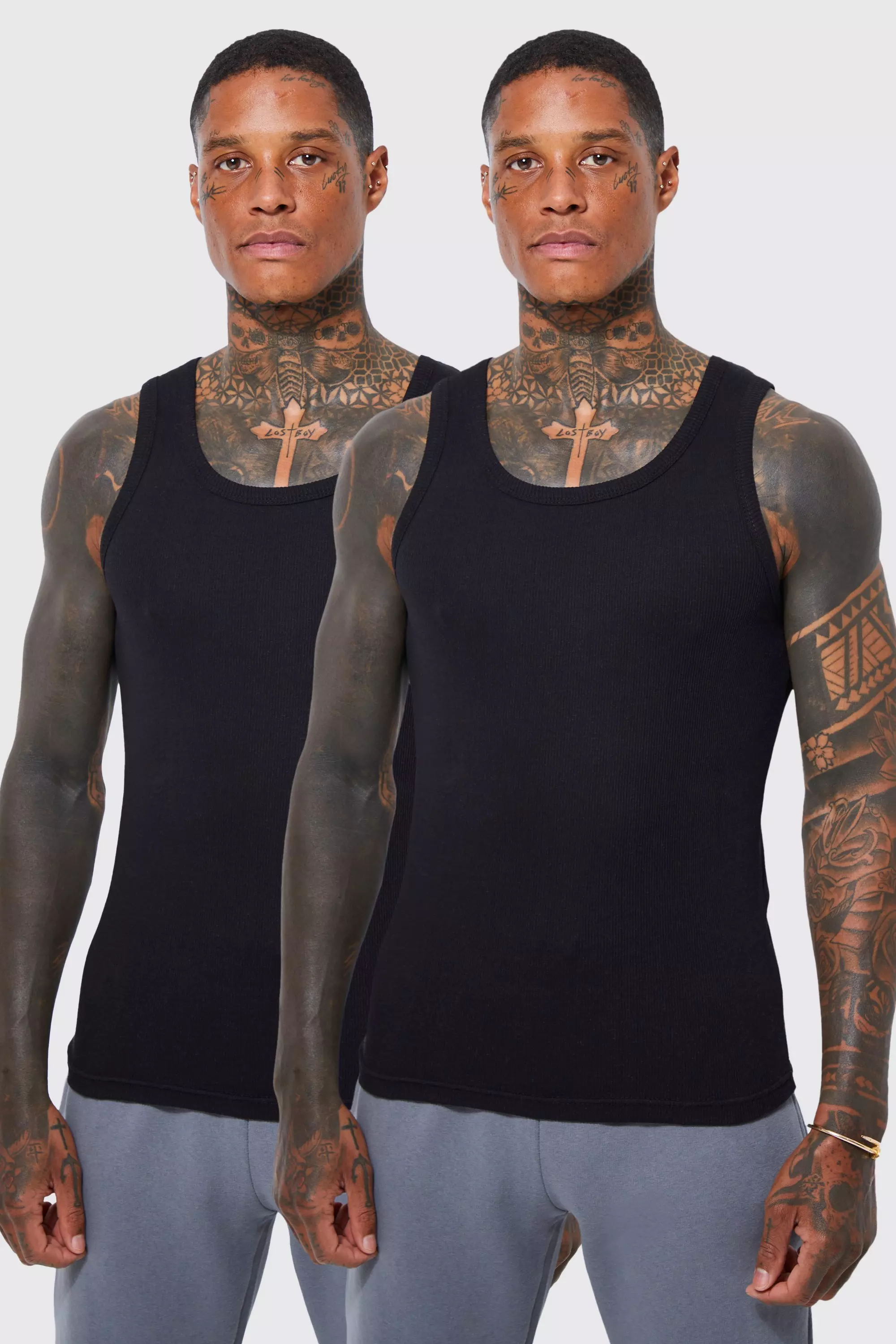 2 Pack Muscle Fit Ribbed Vest Black