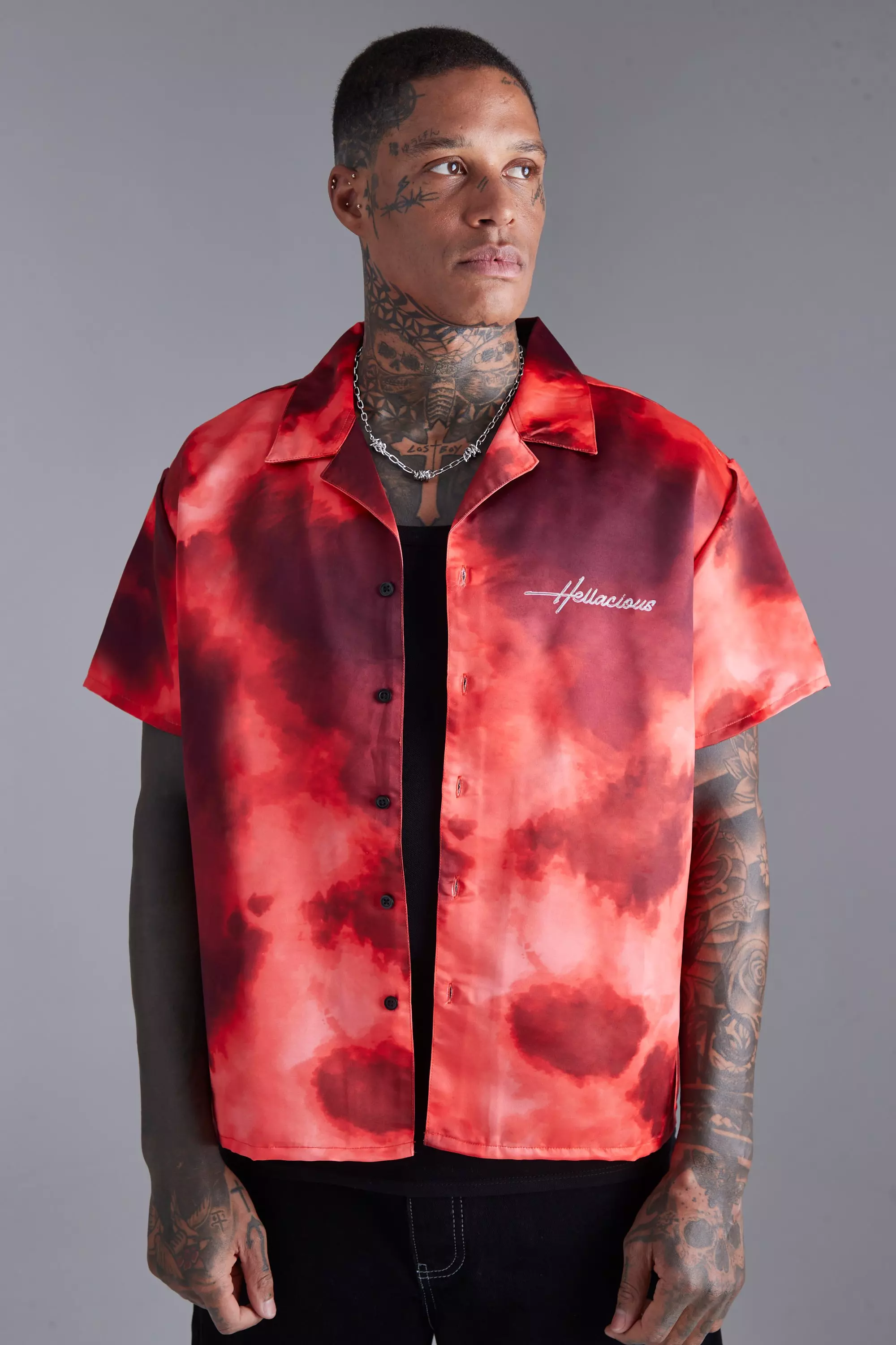 Boxy Satin Graphic Back Print Shirt Red