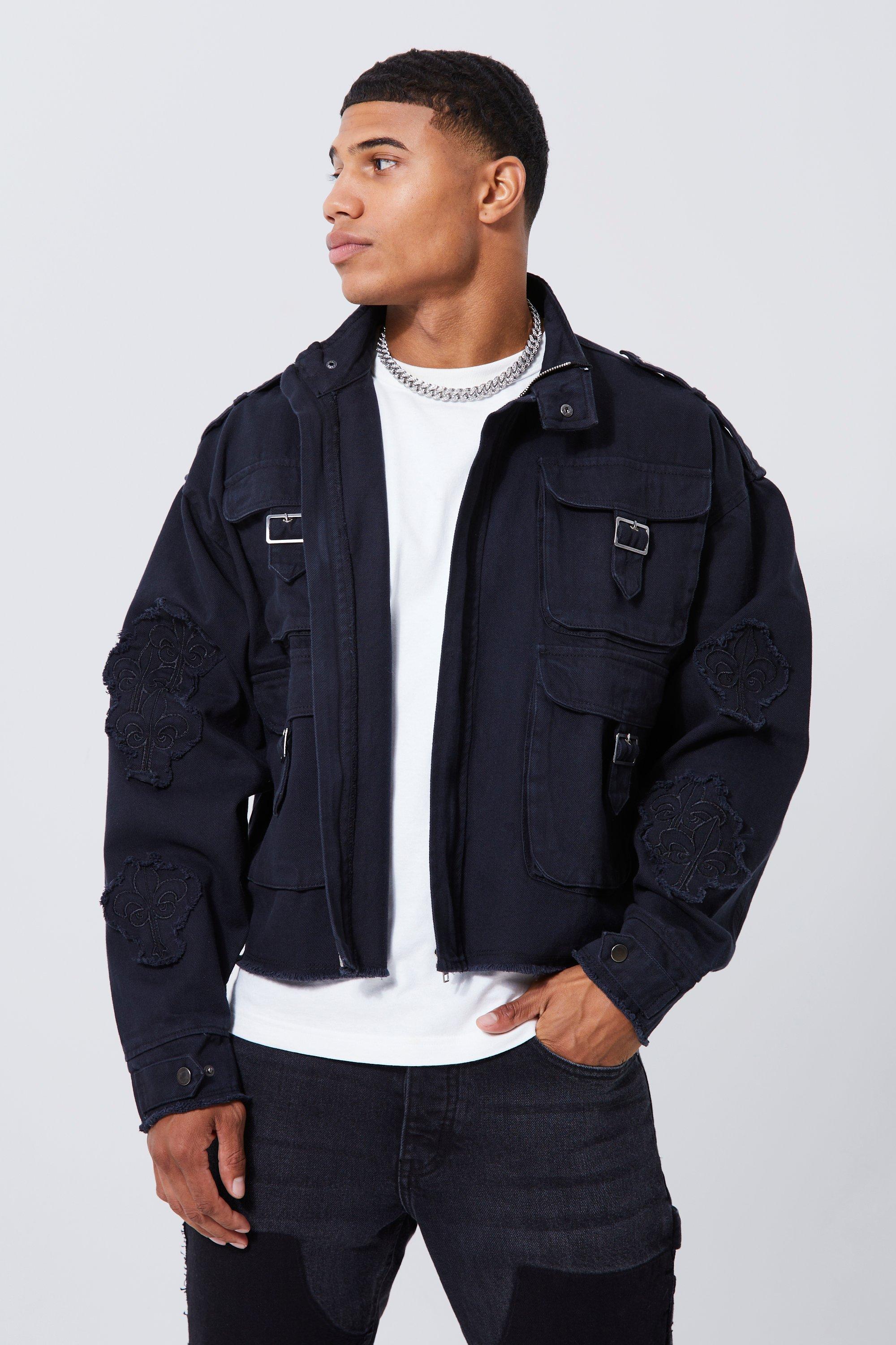 Boxy Distressed Cross Applique Twill Jacket | boohooMAN USA