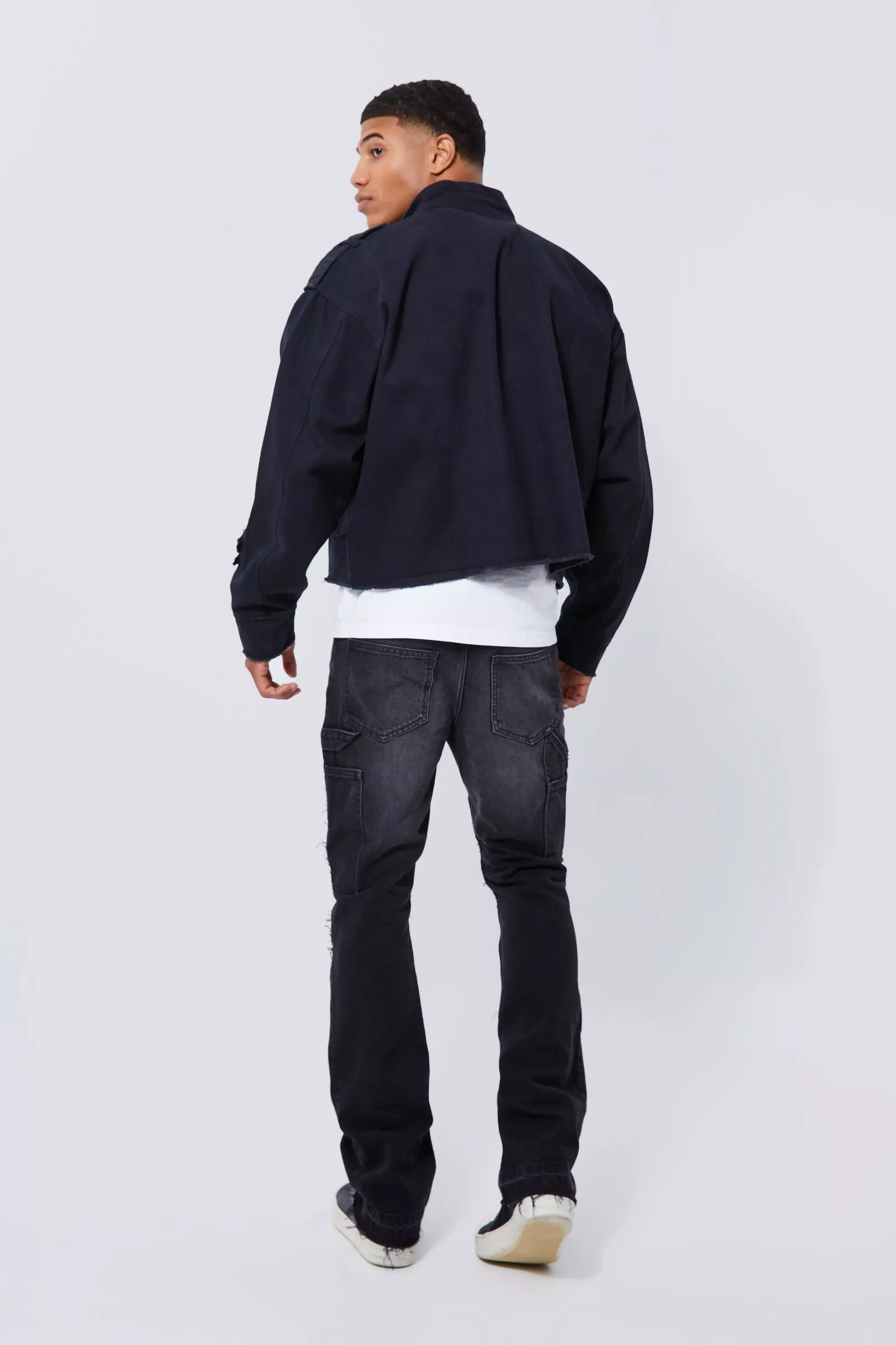 Boxy Distressed Cross Applique Twill Jacket | boohooMAN USA