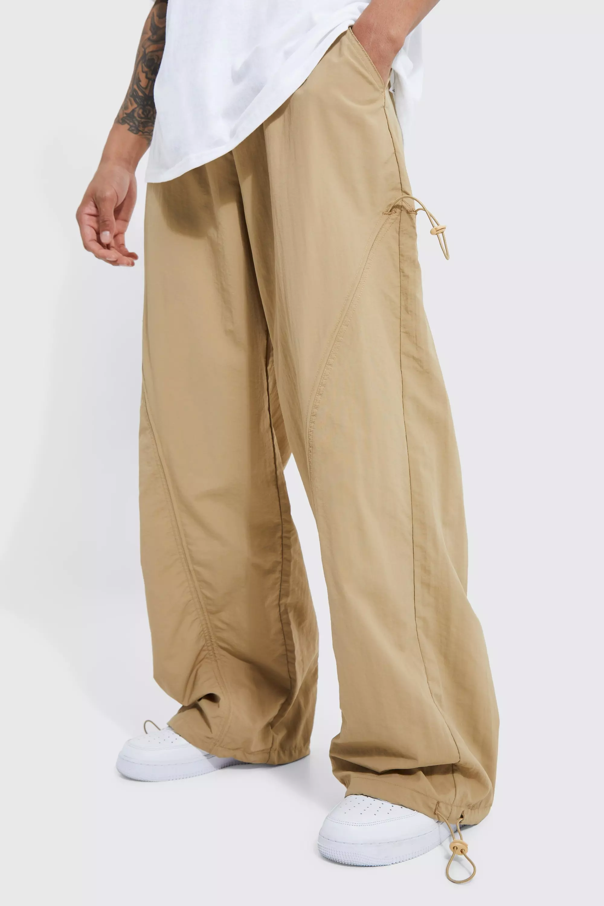 Stone Beige Elastic Waist Oversized Centre Front Ruched Pants