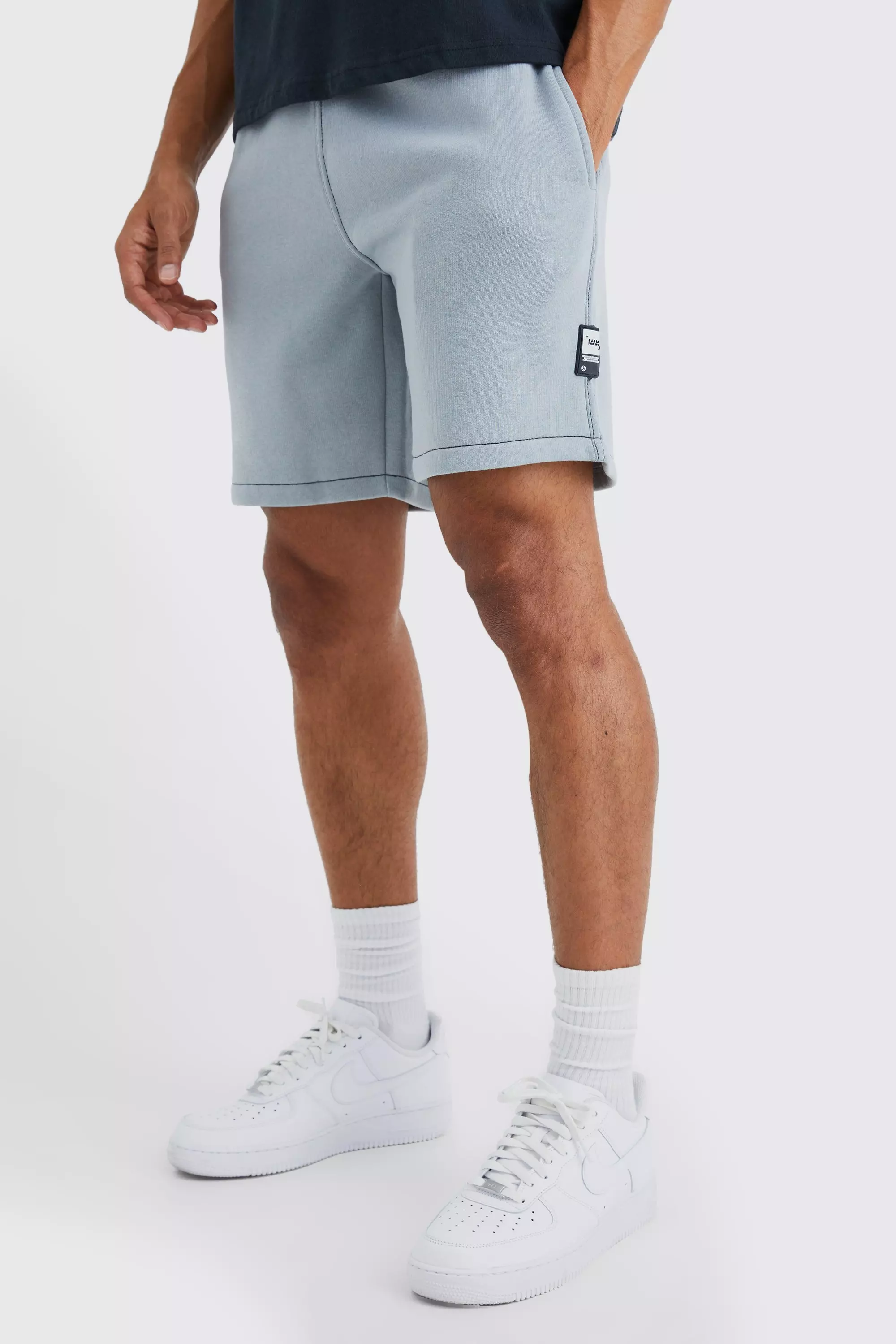 Grey Loose Fit Contrast Stitch Short With Badge