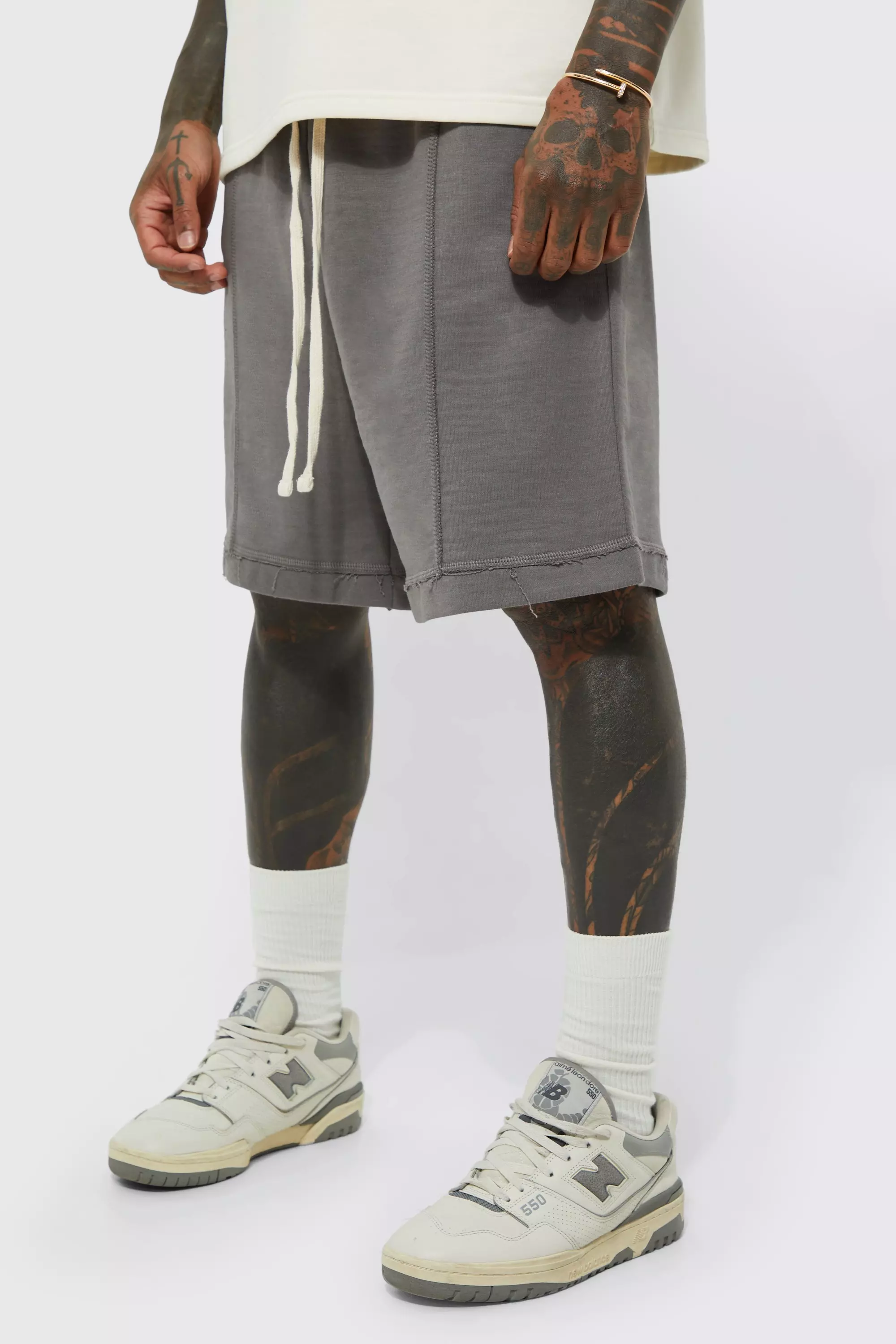 Oversized Drop Crotch Rib Hem Loopback Short Charcoal