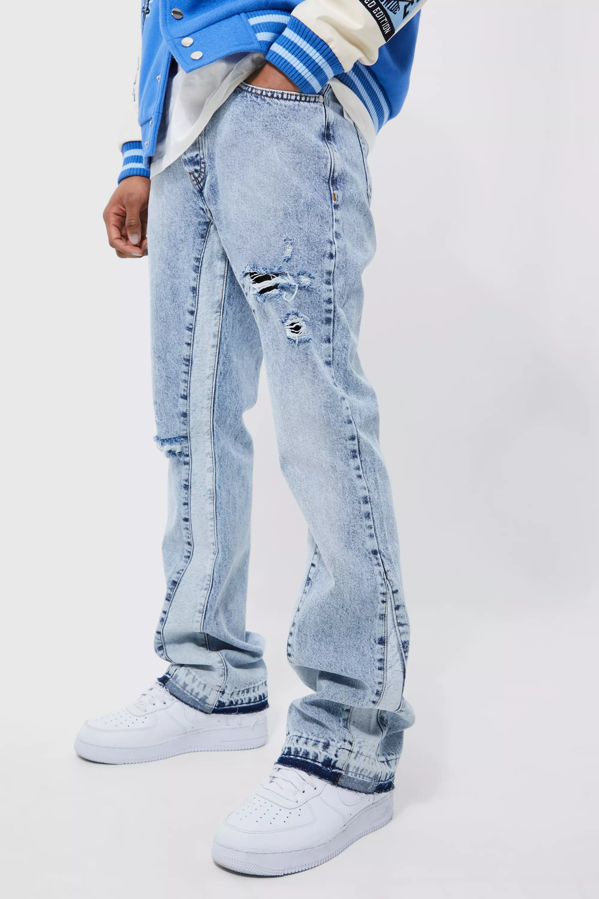 Blue Slim Flare Distressed Gusset Panel Jeans