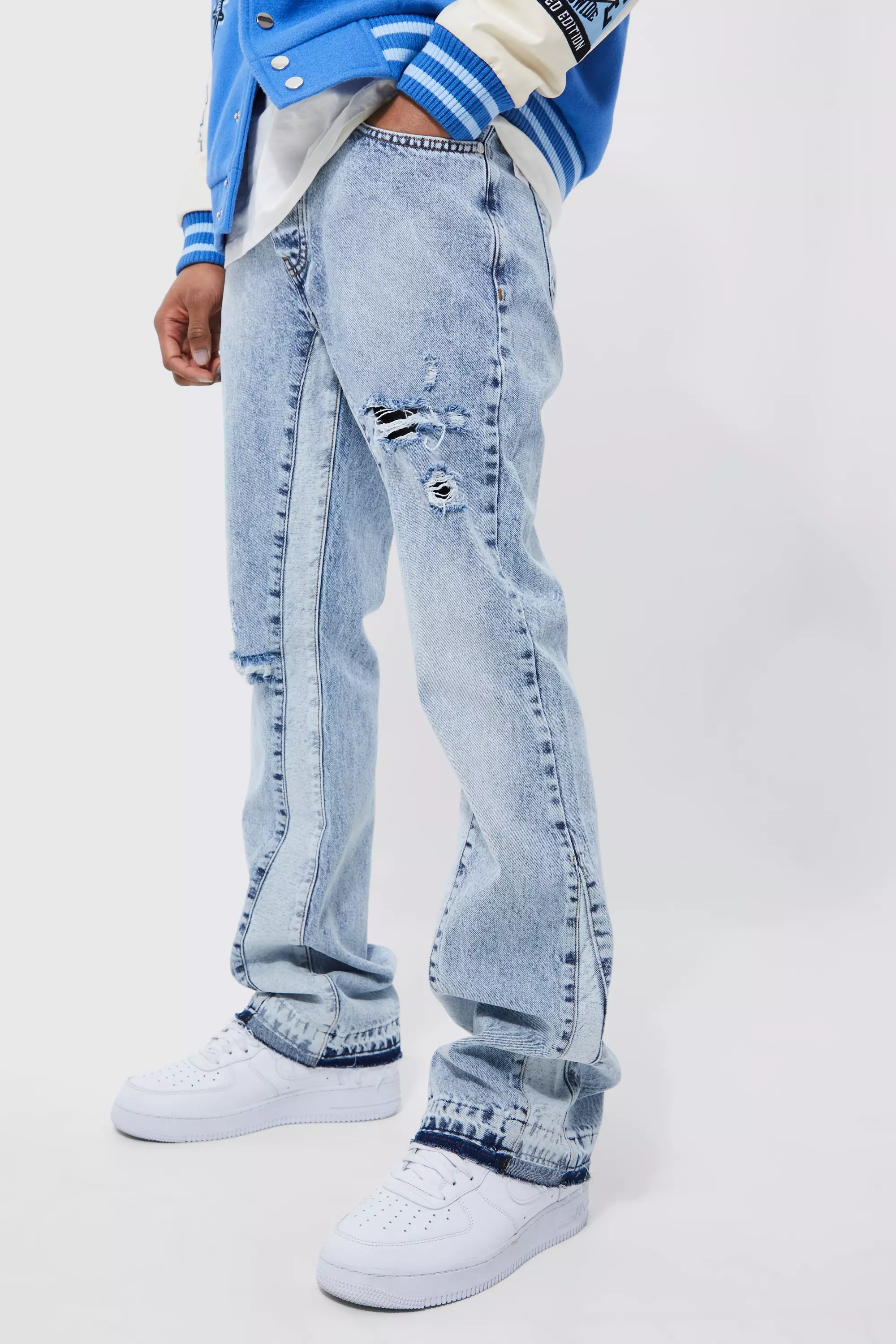 Blue Slim Flare Distressed Panel Jeans