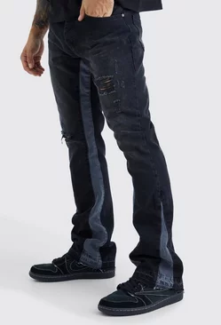 Black Slim Flare Distressed Panel Jeans