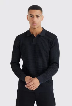 Popcorn Texture Concealed Placket Long Sleeve Polo Black