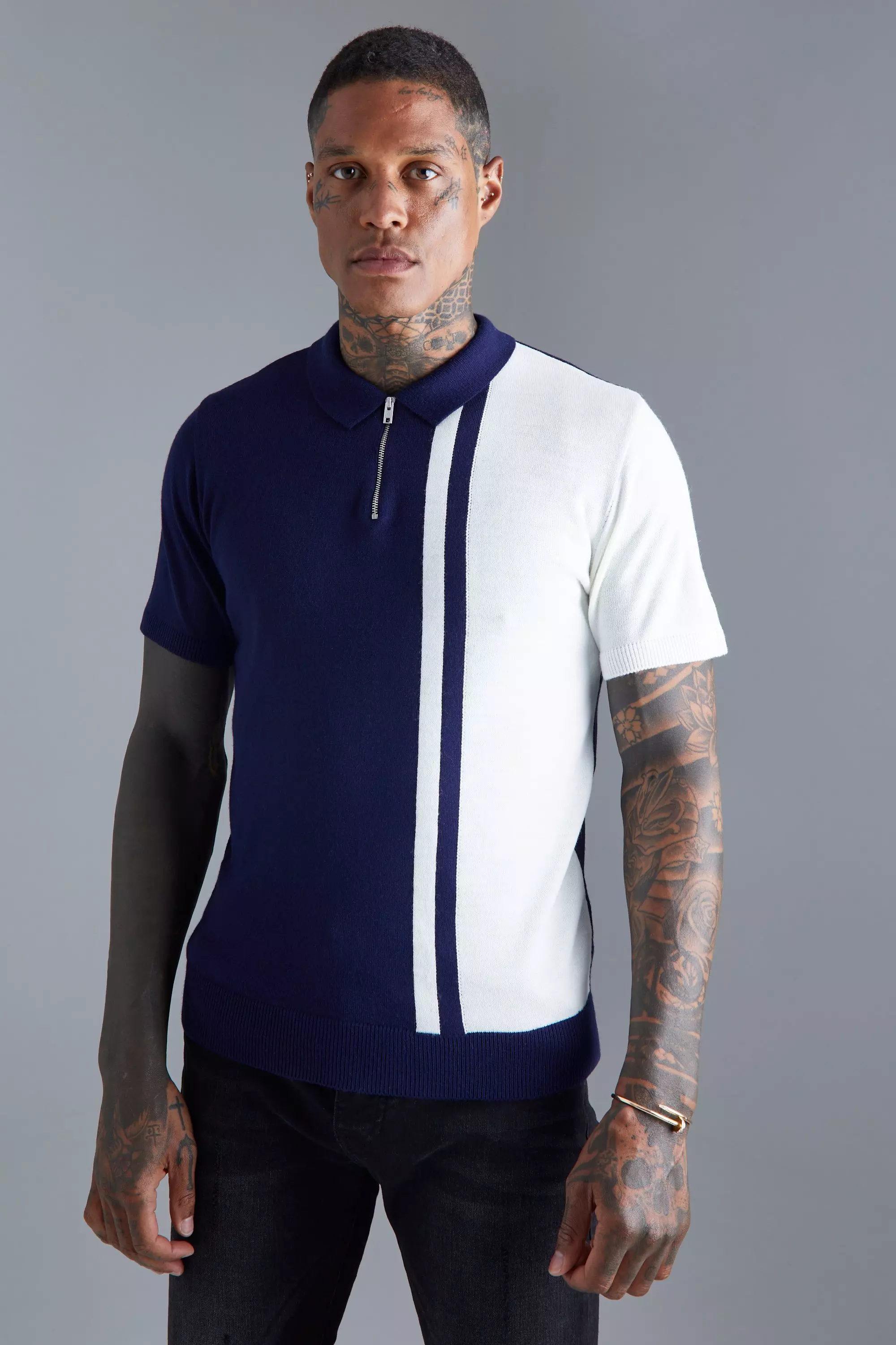 Stripe Colourblock Knitted Polo Navy