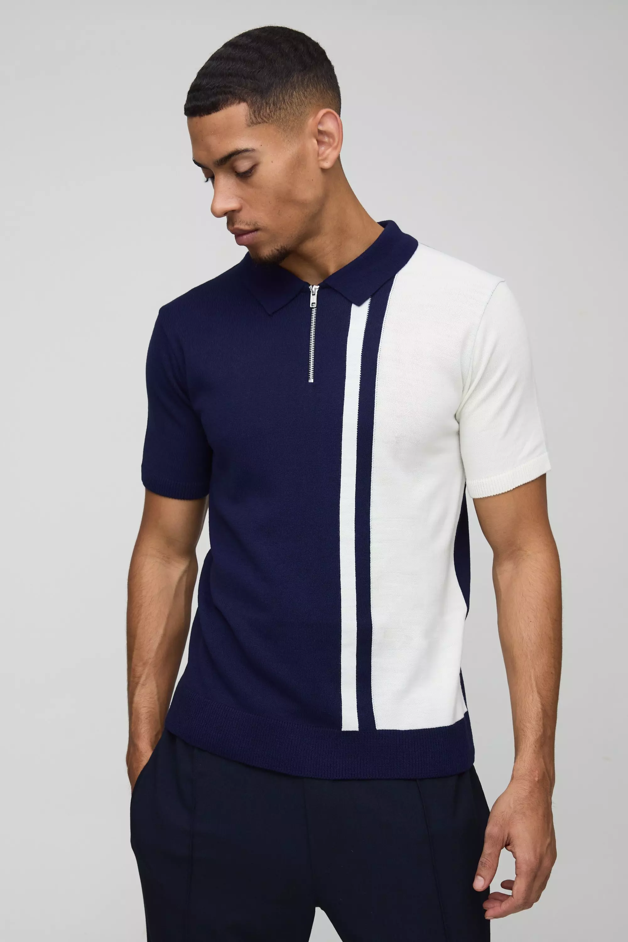 Gestreiftes Colorblock Strick-Poloshirt, Navy alternatives Bild