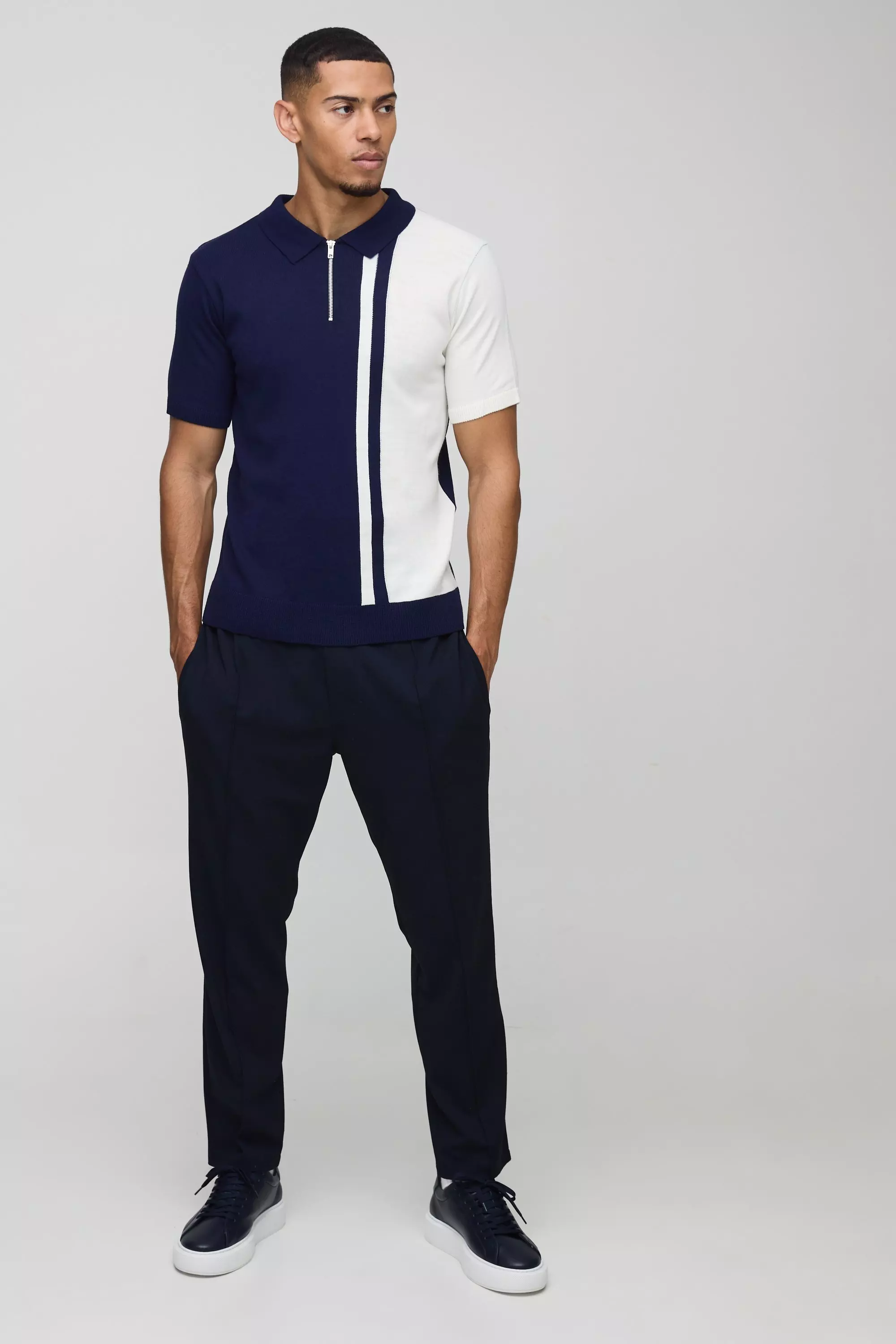 Gestreiftes Colorblock Strick-Poloshirt, Navy alternatives Bild