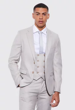 Taupe Beige Skinny Single Breasted Textured Suit Jacket