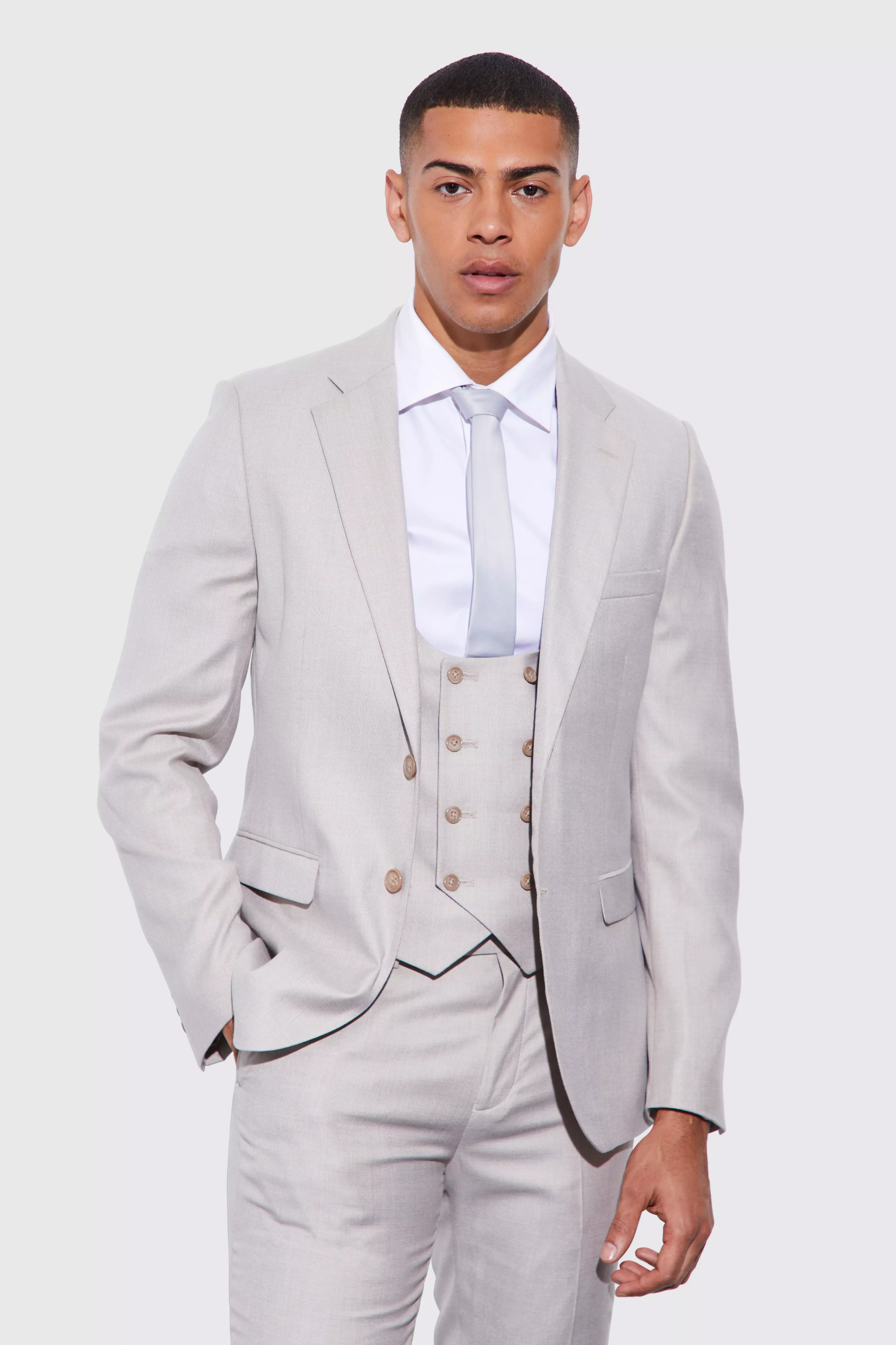 Taupe Beige Skinny Single Breasted Textured Suit Jacket