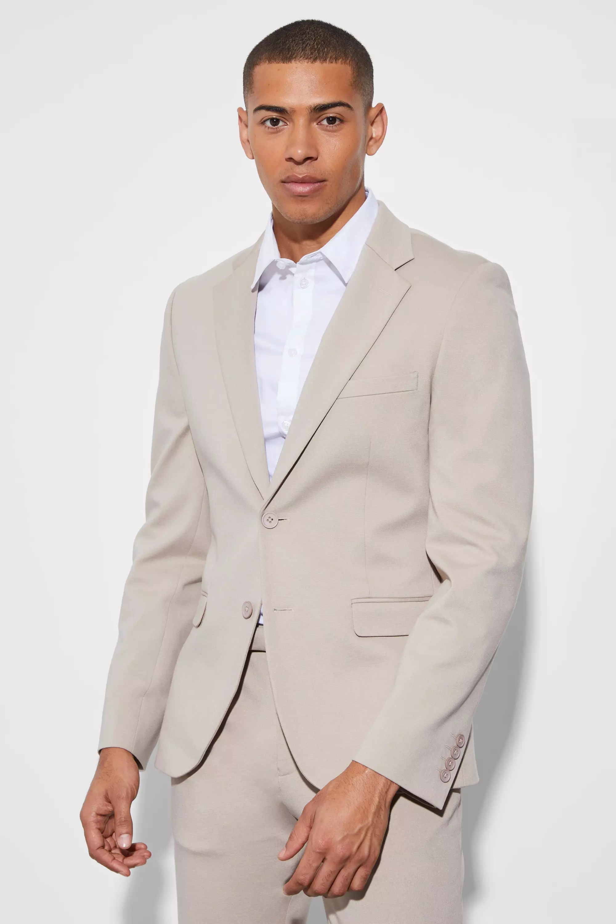 Beige Jersey Skinny Single Breasted Suit Jacket