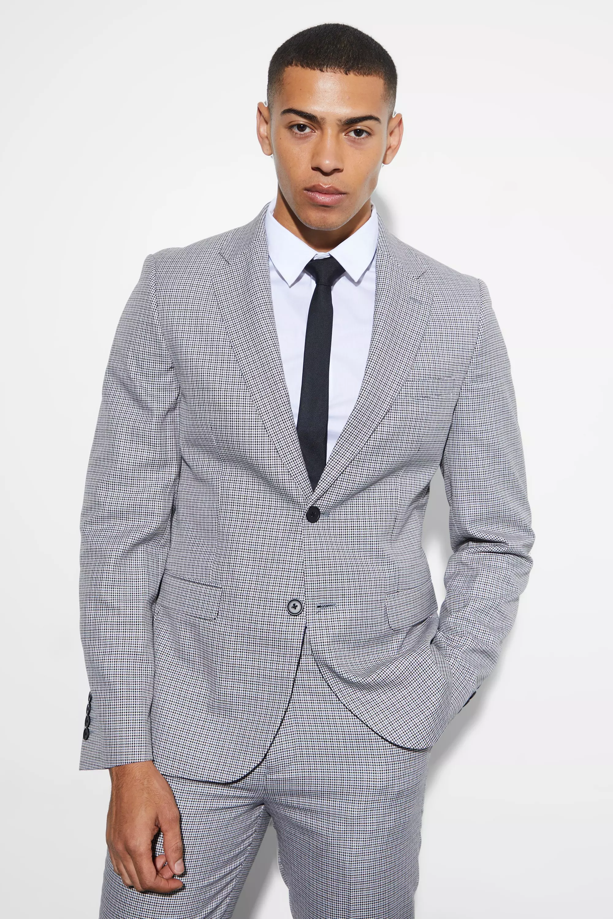 Slim Dogstooth Single Breasted Suit Jacket Navy