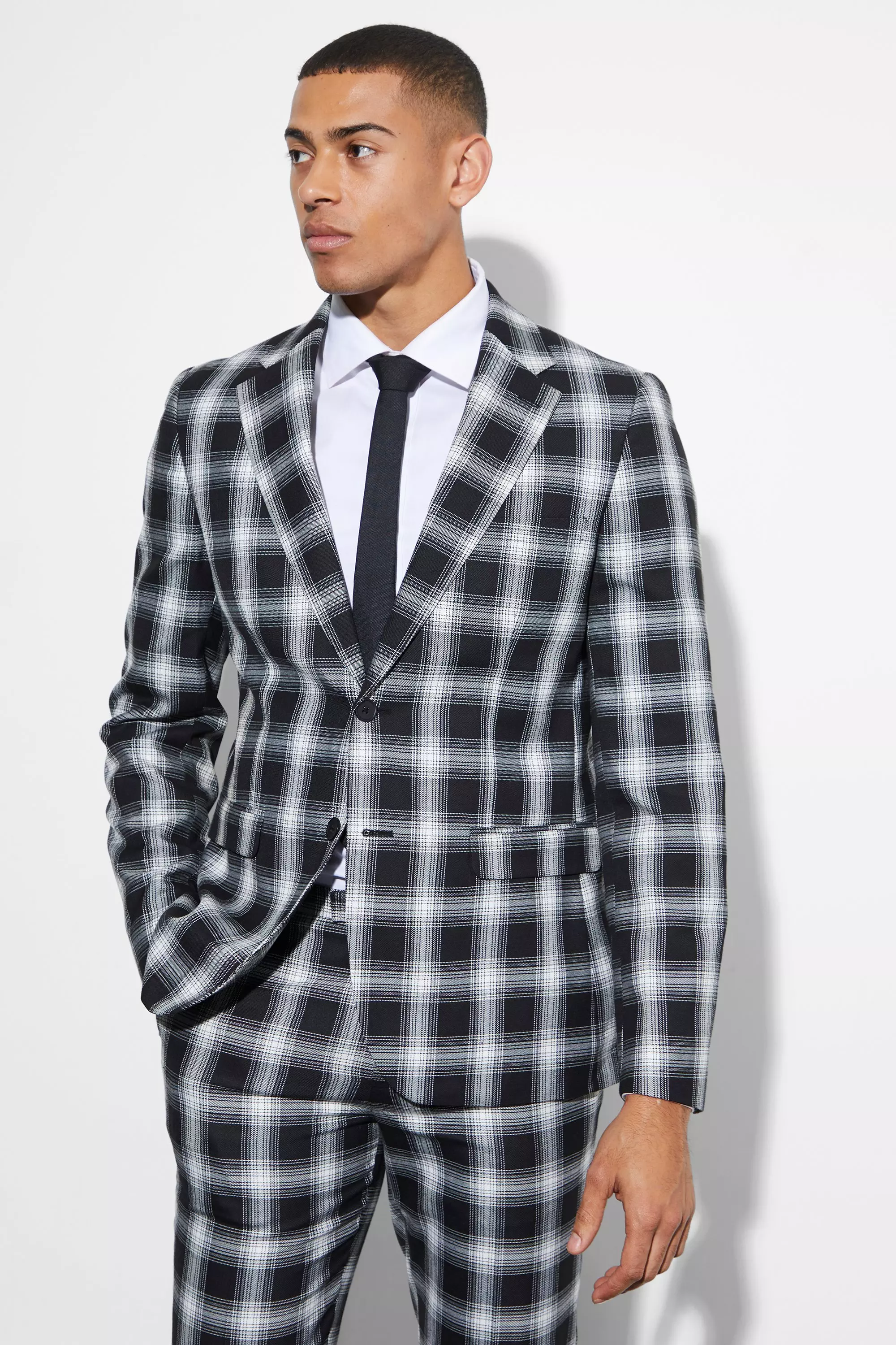 Slim Fit Single Breasted Plaid Suit Jacket Black