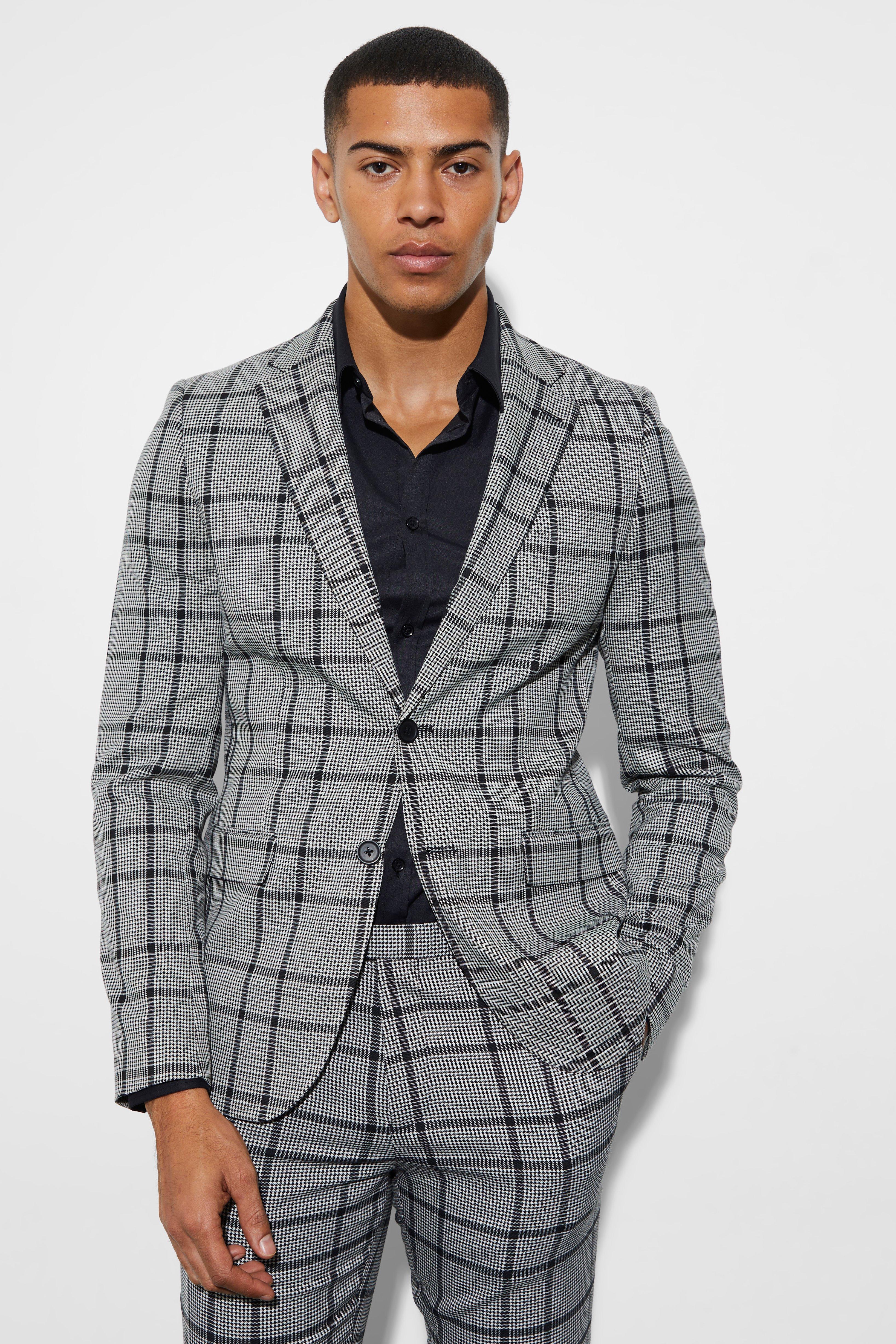 Black Skinny Fit Single Breasted Check Suit Jacket