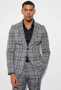 Skinny Fit Single Breasted Check Suit Jacket Black