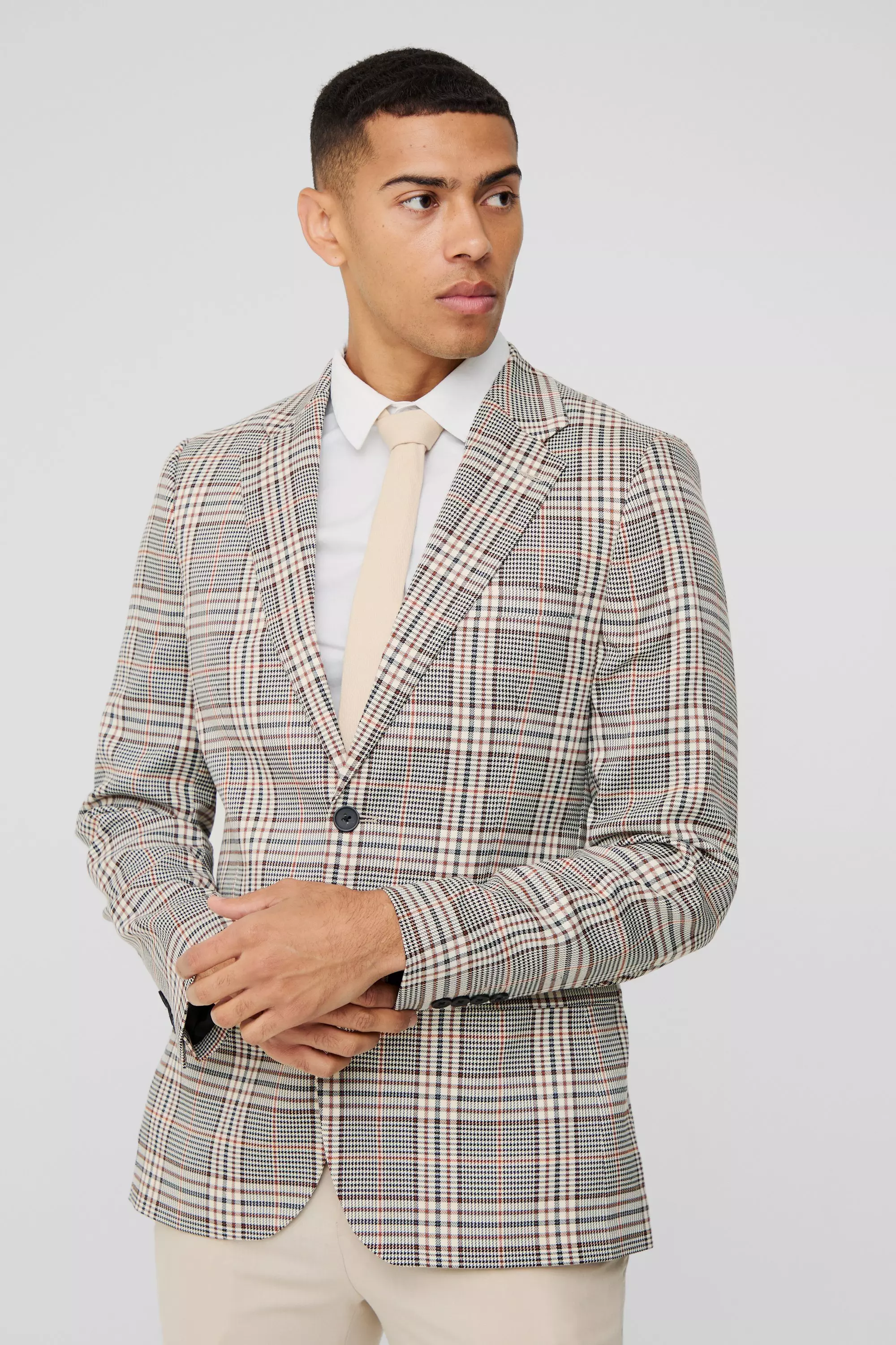 Beige Slim Fit Single Breasted Plaid Suit Jacket