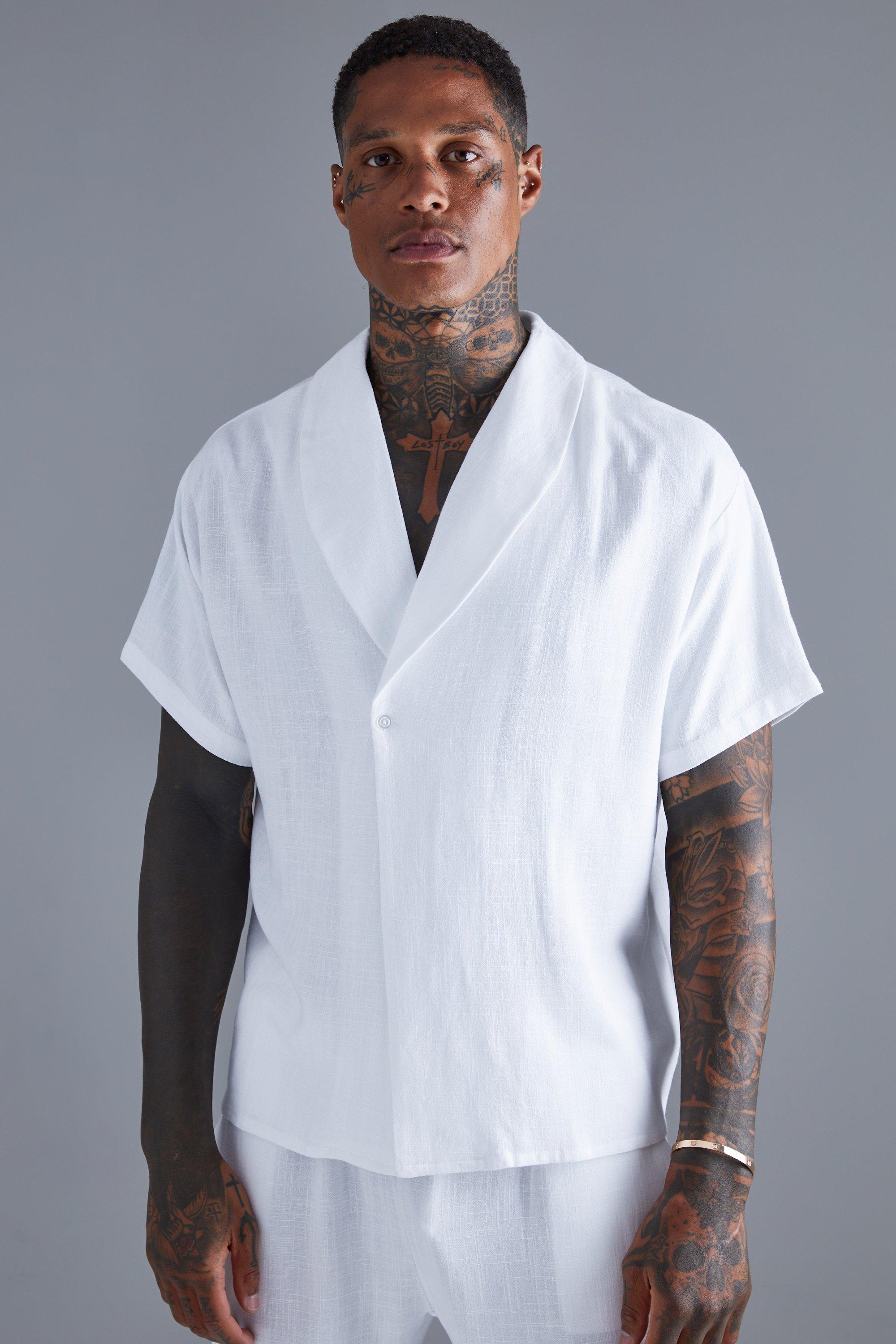 Short Sleeve Shawl Collar Linen Shirt | boohooMAN UK