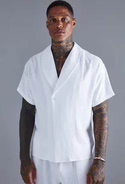Short Sleeve Shawl Collar Linen Shirt White