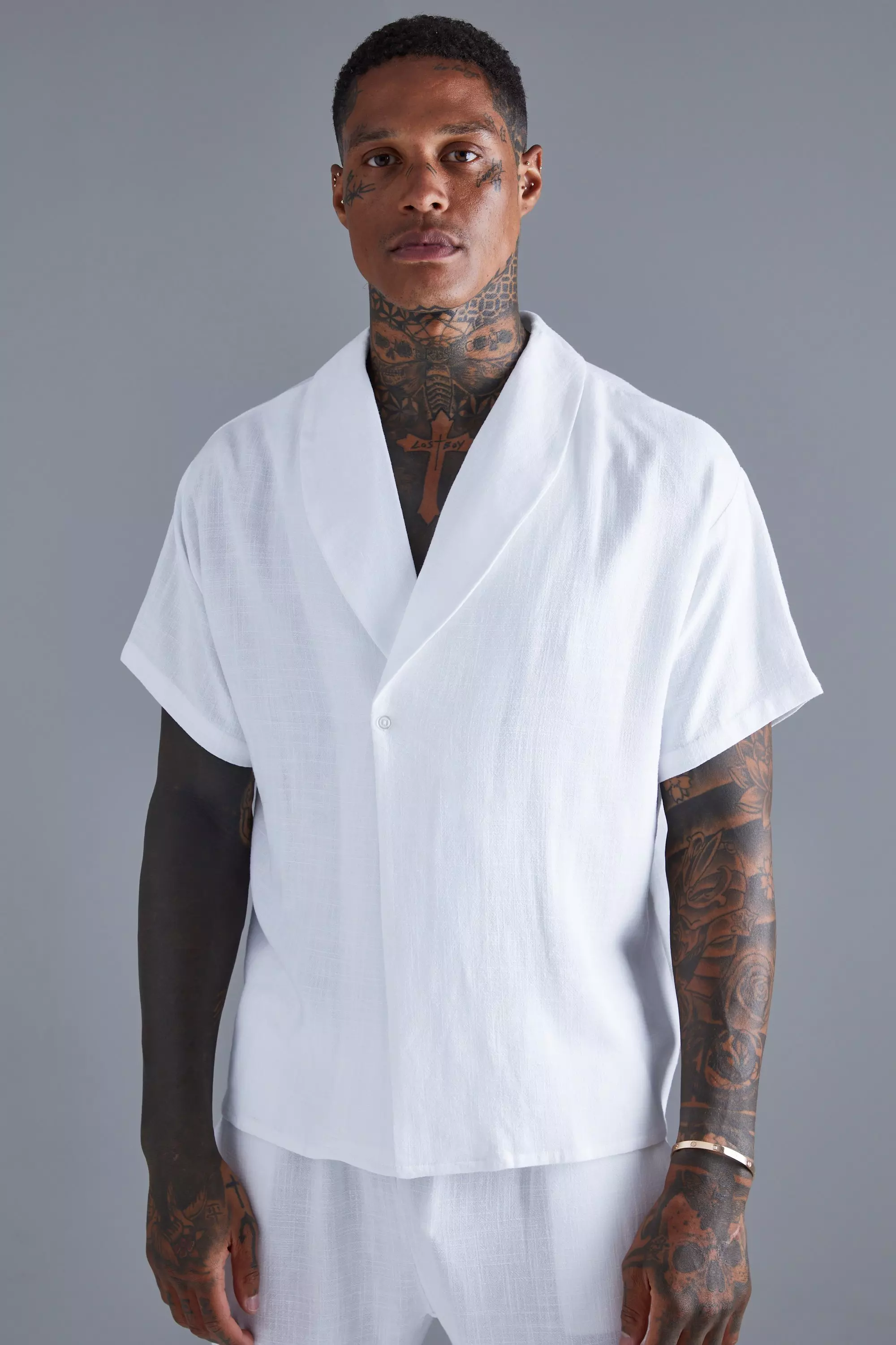 White Short Sleeve Shawl Collar Linen Shirt