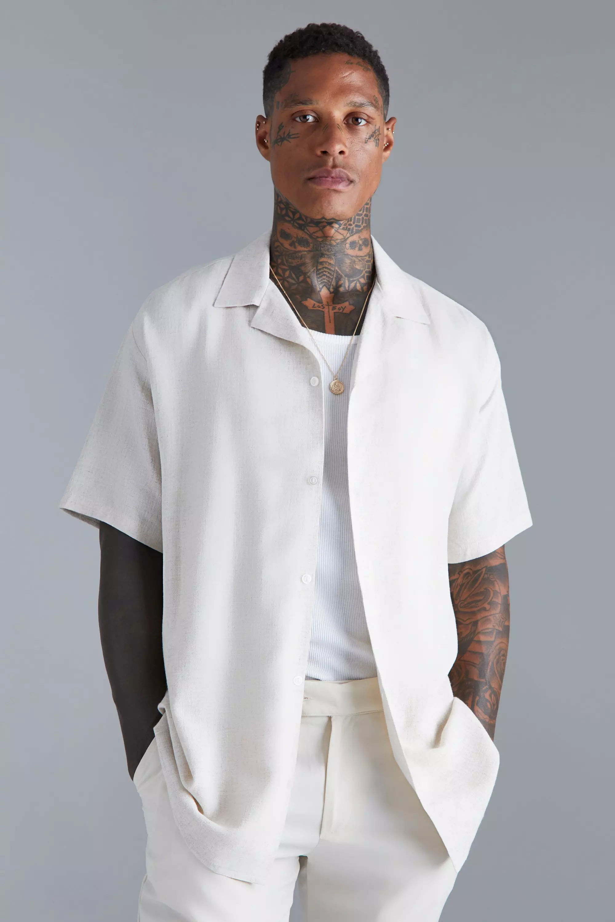 Short Sleeve Oversized Linen Revere Shirt Natural