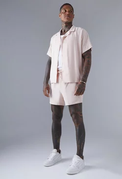 Boxy Linen Shirt And Mid Length Short Set pale pink