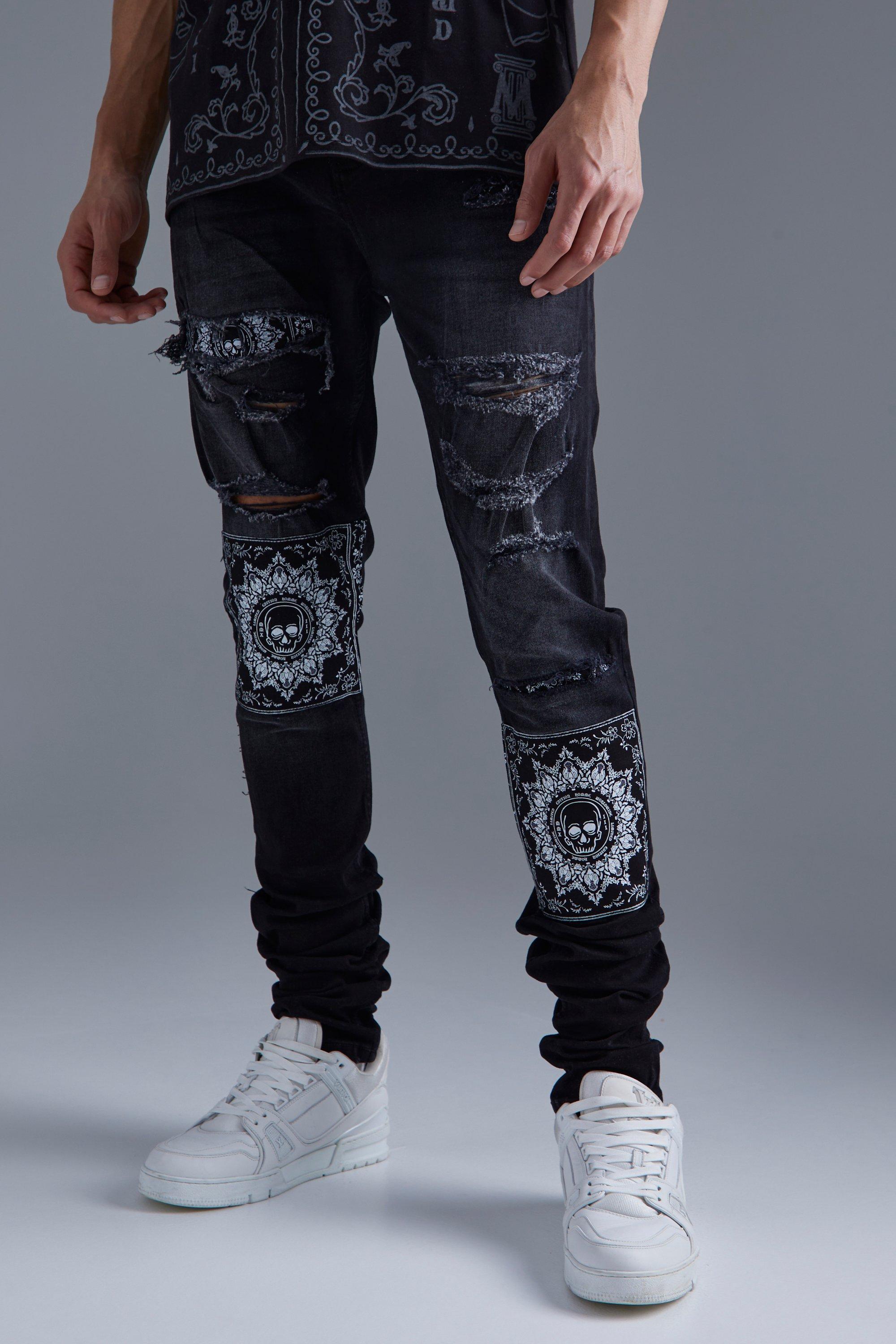 Tall Skinny Stacked Rip & Repair Bandana Jeans | boohooMAN USA